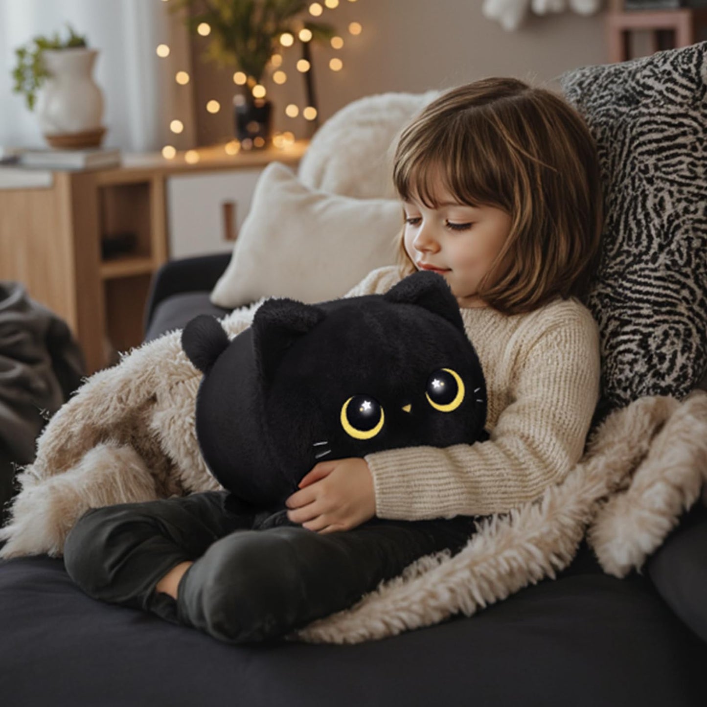Mewaii Black Cat Plush, Cute Cat Plushies Toy, Soft Kitten Plushie Cuddle Pillow, Anime Plushie Doll, Cute Stuff Toys Gift for Girls, Boys and Males (16 Inch)