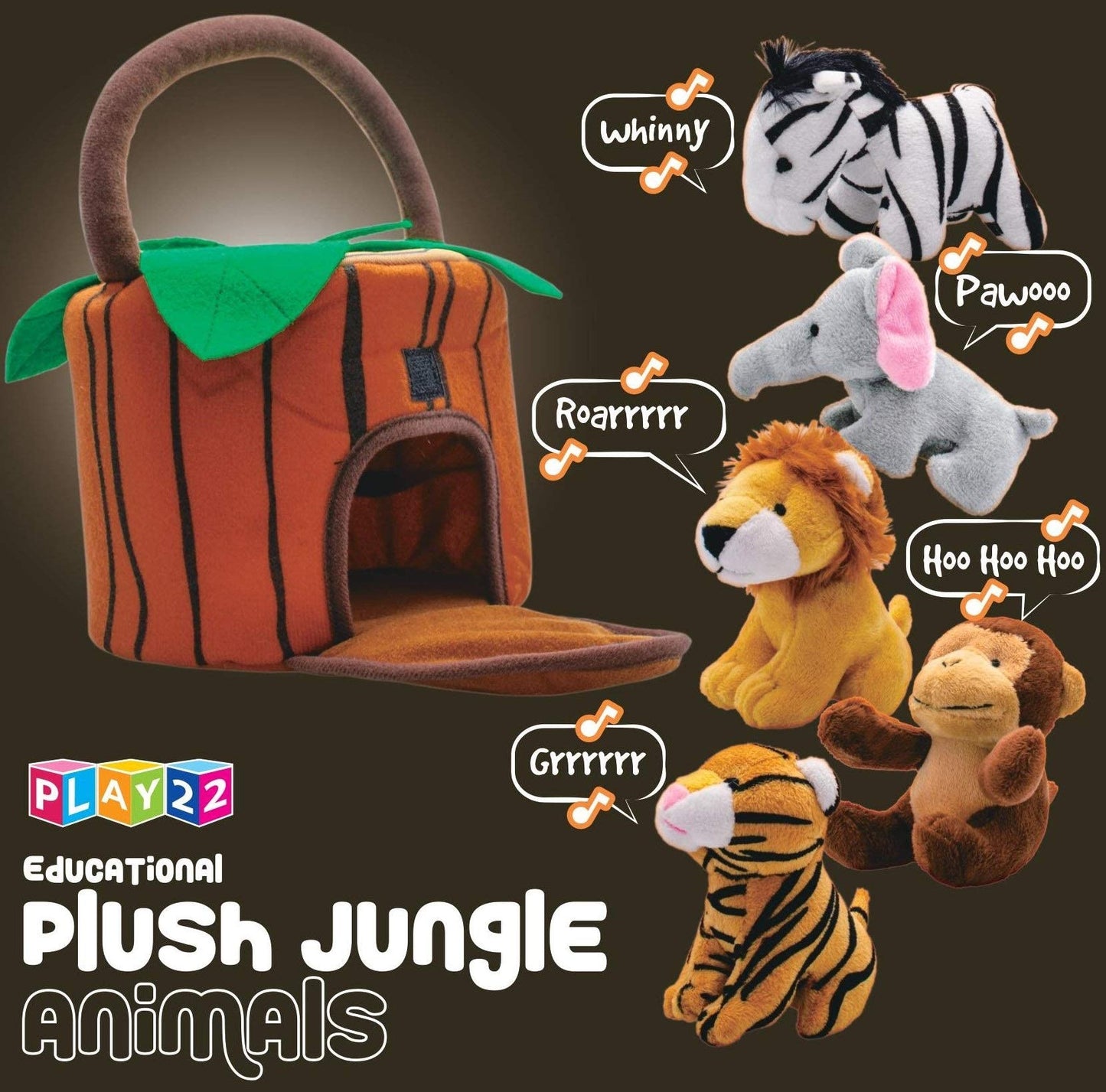 Play22 Plush Talking Stuffed Animals Jungle Set - Plush Toys Set with Carrier for Kids Babies & Toddlers - 6 Piece Set Baby Stuffed Animals Includes Stuffed Bear, Elephant, Tiger, Lion, Zebra, Monkey