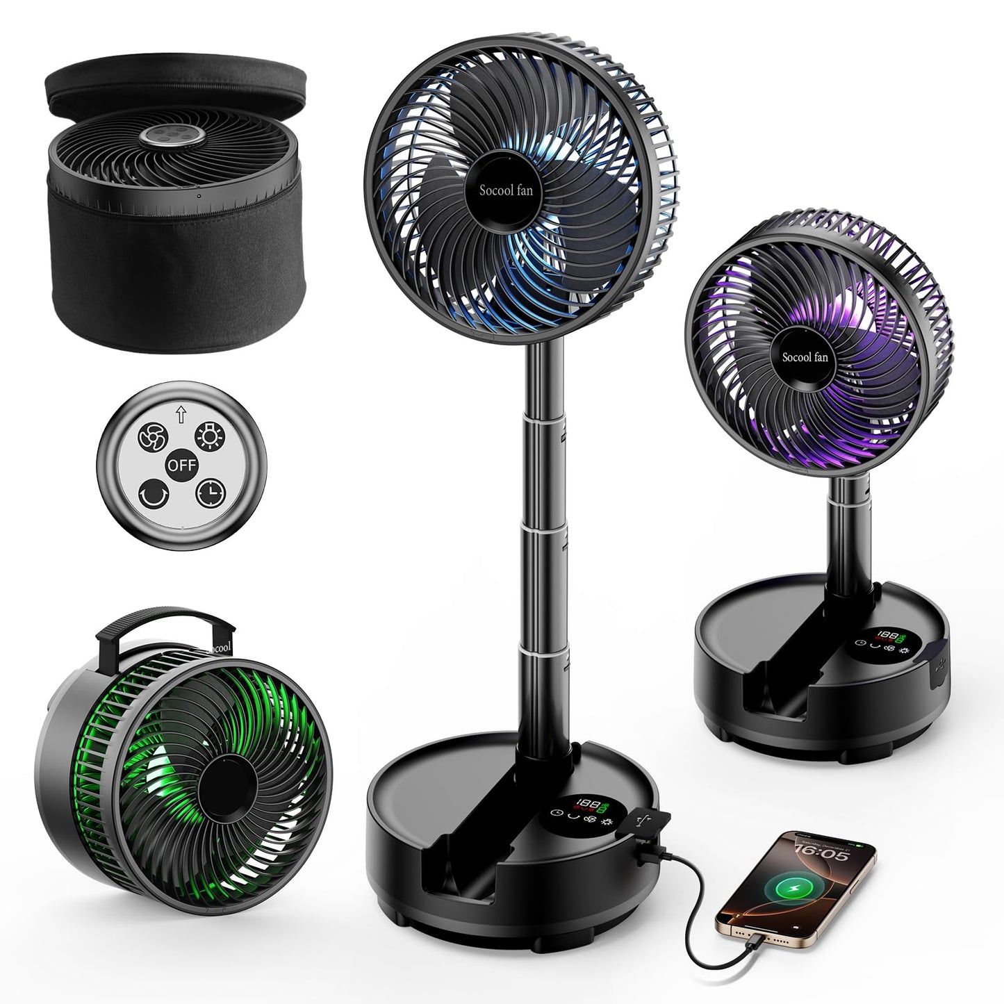 Socool 20000mAh Portable Fan Foldable Wireless Battery Rechargeable with 8-Speed & 112H, 90° Osciliating Floor Standing Fan Remote, Desk Fan with 8H Timer & LED Light for Home Kitchen Travel Camping