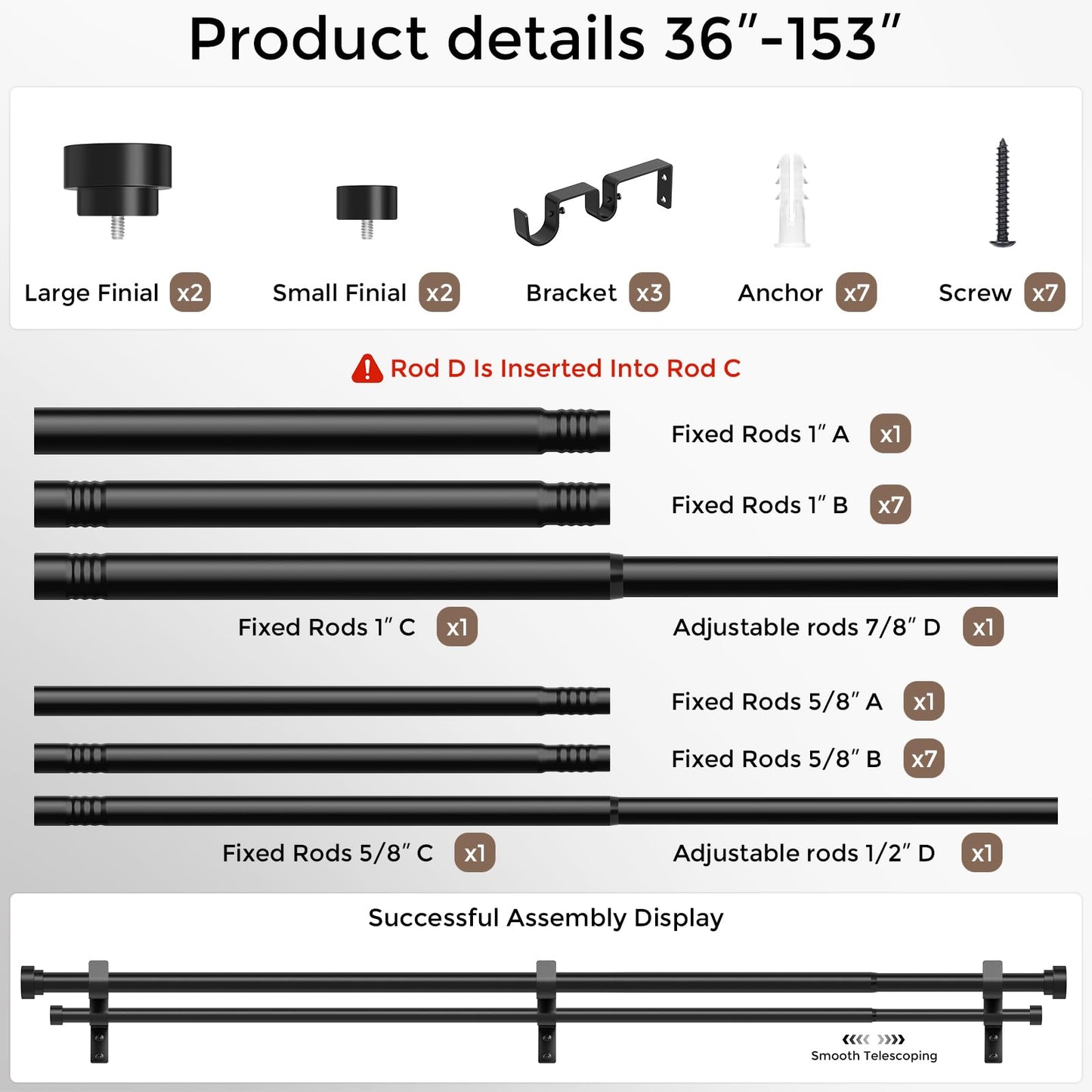 Double Curtain Rod, 1 Inch Black Extra Long Dual Curtain Rods 36 to 153 Inch with Aluminium Modern End Cap Finial, Adjustable Heavy Duty Window Treatment Rods, Spliced Metal Double Drapery Pole Set