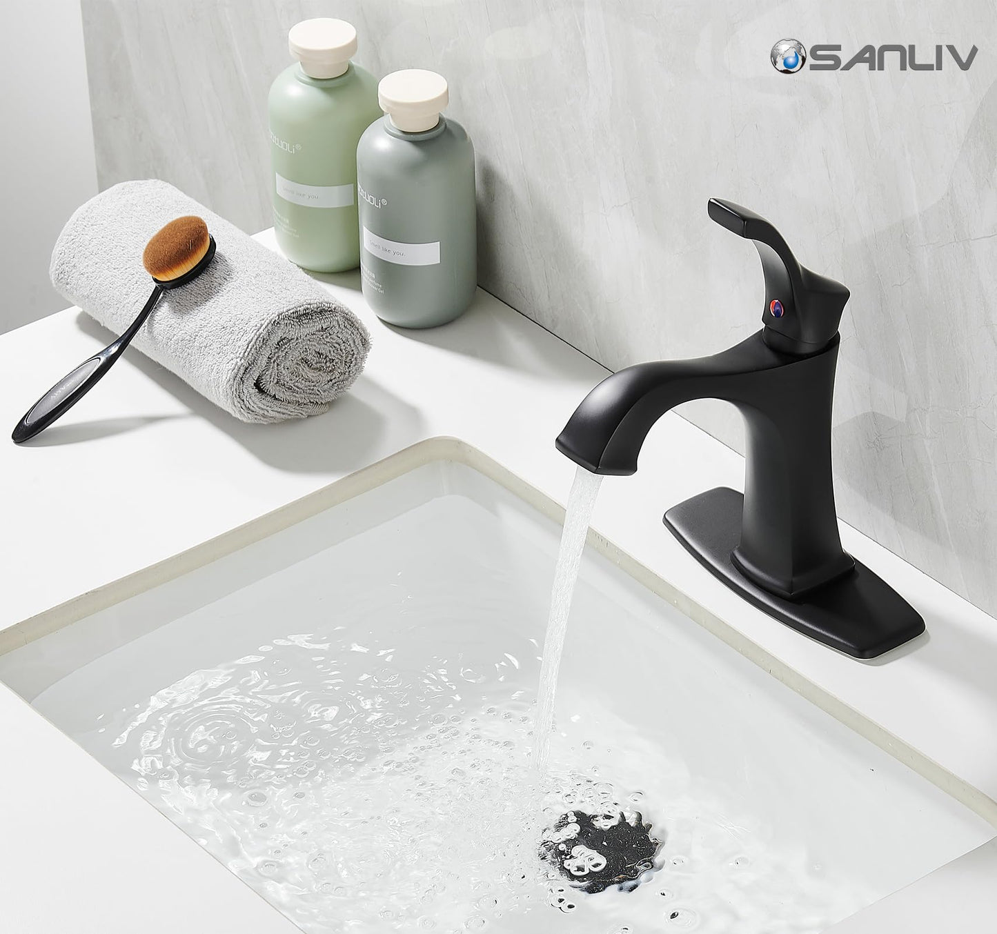 Matte Black Bathroom Faucet 1 Hole, Sanliv Single Handle Bathroom Sink Faucet, Modern Black Vanity Faucet with Deckplate & Pop-Up Drain for One or 3-Hole Farmhouse Sinks