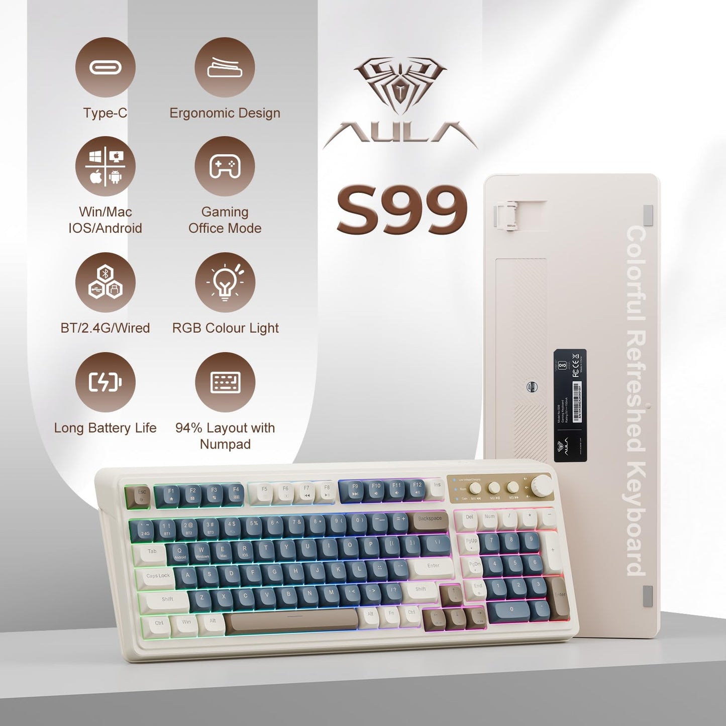 AULA S99 Gaming Keyboard, Wireless Computer Keyboards, Tri-Mode Bluetooth/2.4GHz/USB-C Custom Creamy Keyboard with Number Pad, RGB Backlit Media Knob Cute Programmable Keyboard for PC Gamer - Green