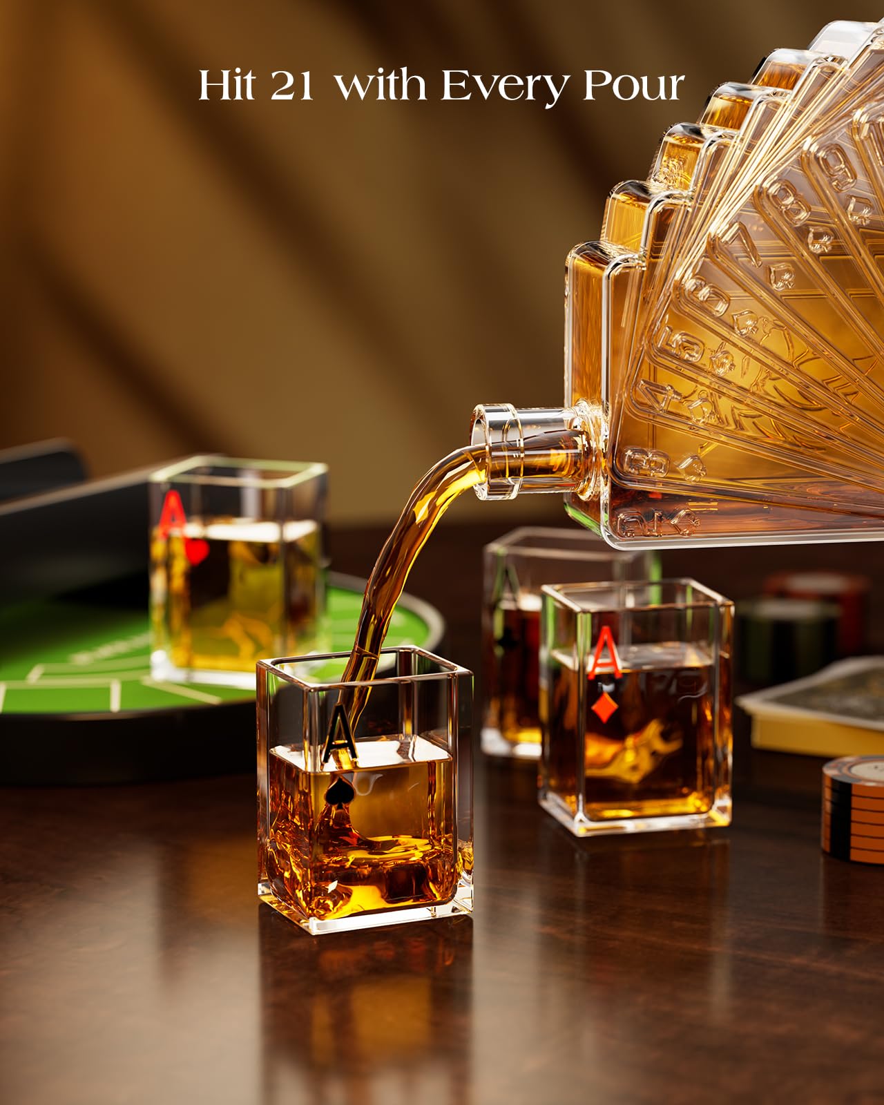 Kollea Blackjack Whiskey Decanter Set, 37.2 Oz Whiskey Decanter with 4 Glasses, Casino Style Decanter for Liquor, Funny Christmas Birthday Gifts for Men Dad, Him, Poker Blackjack Game Night Essentials