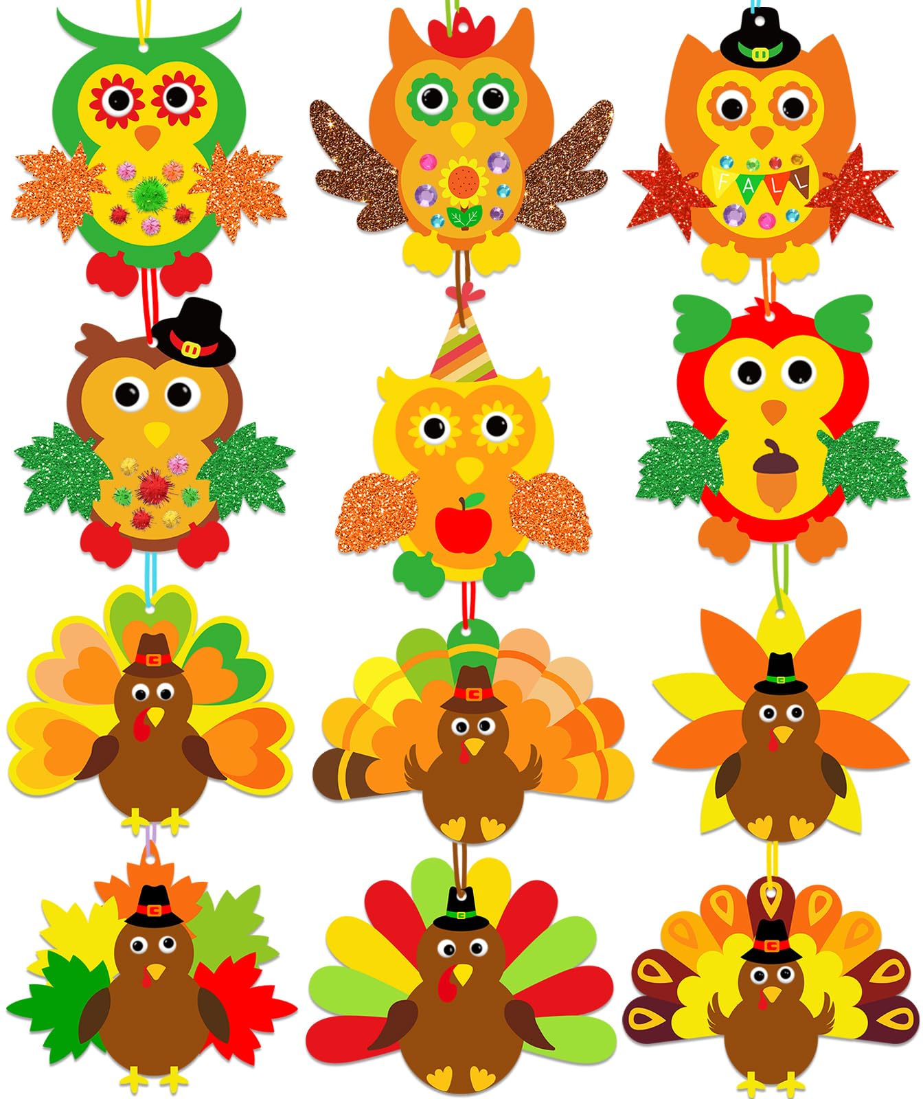 230Pcs Thanksgiving Crafts for Kits 24 Sets Funny Fall Crafts for Kids Include Thicker Turkey Owl Foam Cards Glitter Thanks giving Stickers and All Accessories for Kids Adults Thanksgiving Decorations