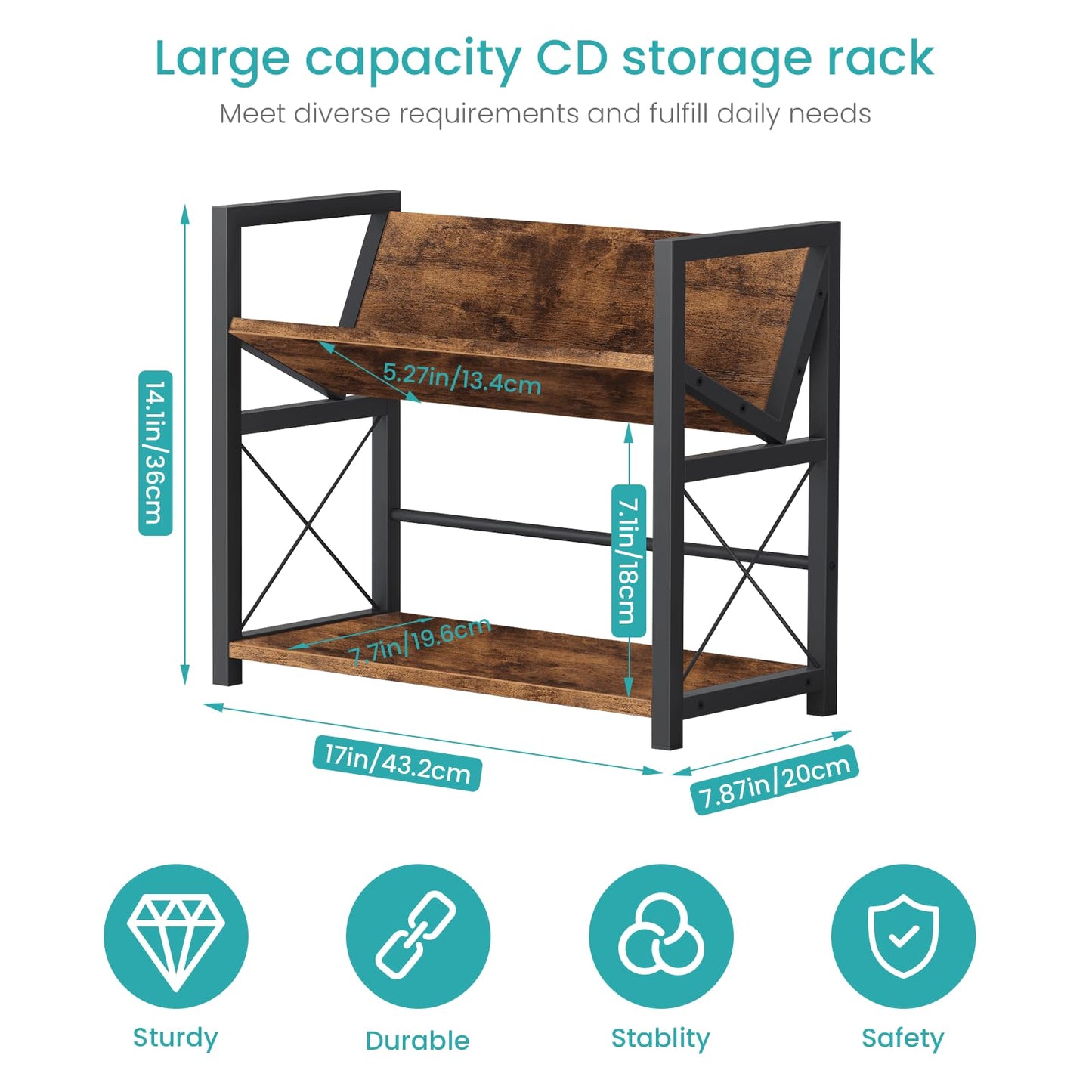 ELITEROO 2-Tier CD Holder, Wooden DVD Storage Rack for Display, Tilting CD Shelf Holds Up to Standard CDs 80 Cases or DVDs 56 cases, Retro Desk DVD Organizer Tower for Music Enthusiasts, Rustic Brown
