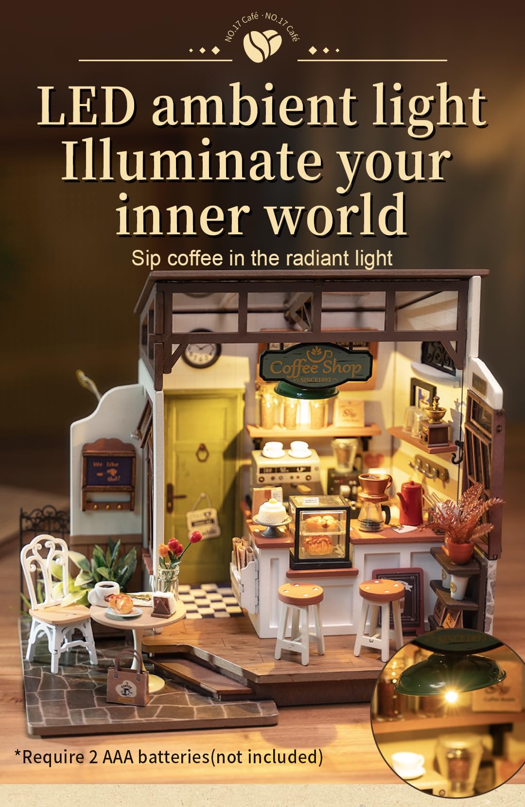 Rowood Miniature House Kit,DIY Miniature Dollhouse Kits for Adults to Build to Live in,Mayberry Street Miniatures,Wooden Adults Craft Kits,Mini Model Kits with LED,Birthday for Teens(NO.17 Cafe)