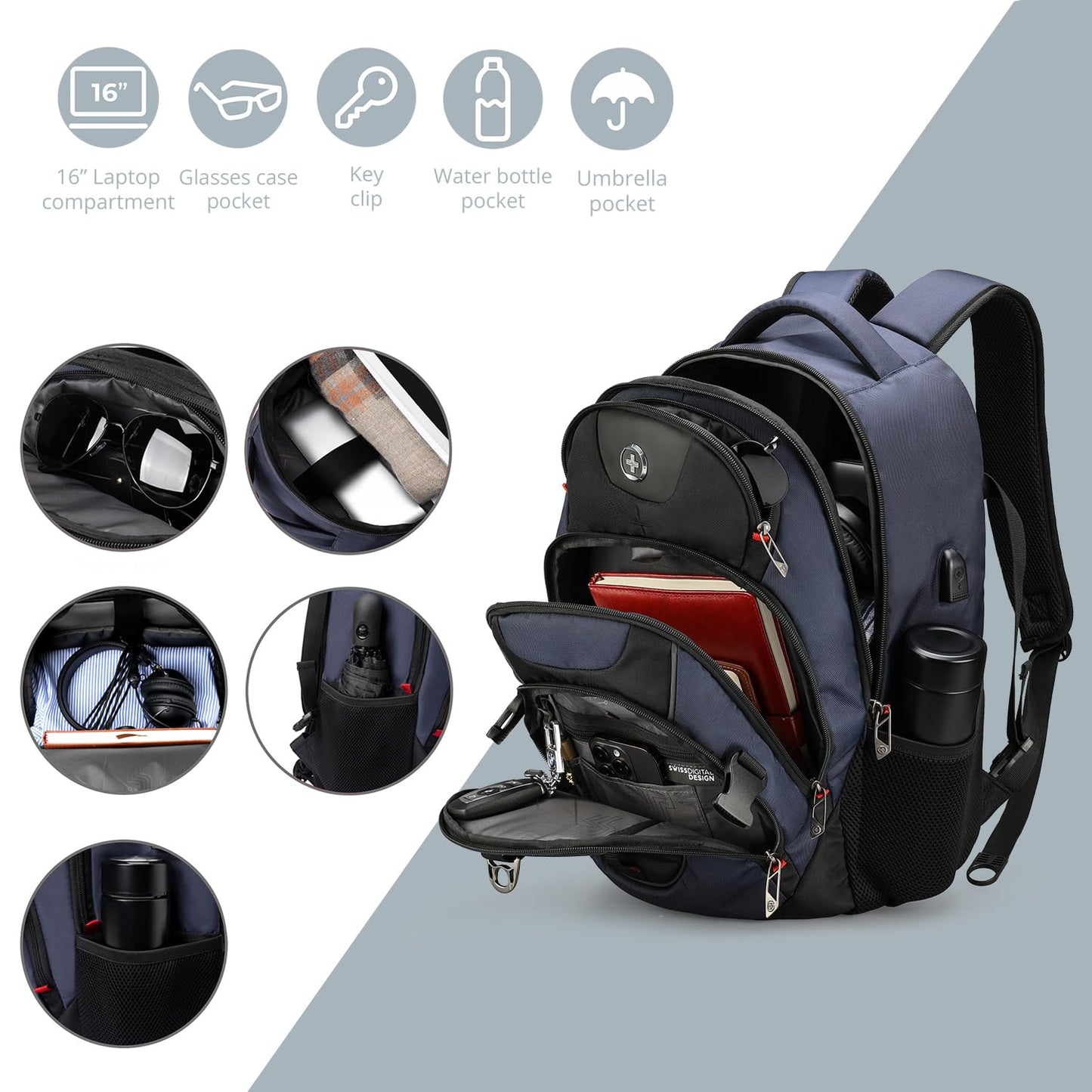 Swissdigital Design Large Business Laptop Backpack with Smart USB Charging Port, Travel Backpack Fits 15.6 inches laptops, Water Repellent College Backpack for Men Women (VECTOR SD803-12 Blue/Black)