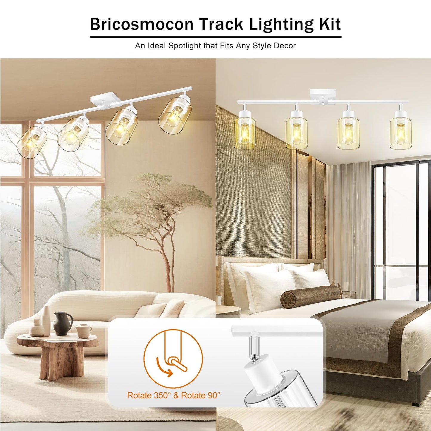 Track Lighting, LED Track Light Fixtures Ceiling Kitchen, 30" 4 Way Ceiling Lights with Clear Glass Shade, Wall Light Fixture with Rotatable Head, White Home Decor for Bathroom Vanity(E26, NO Bulb)