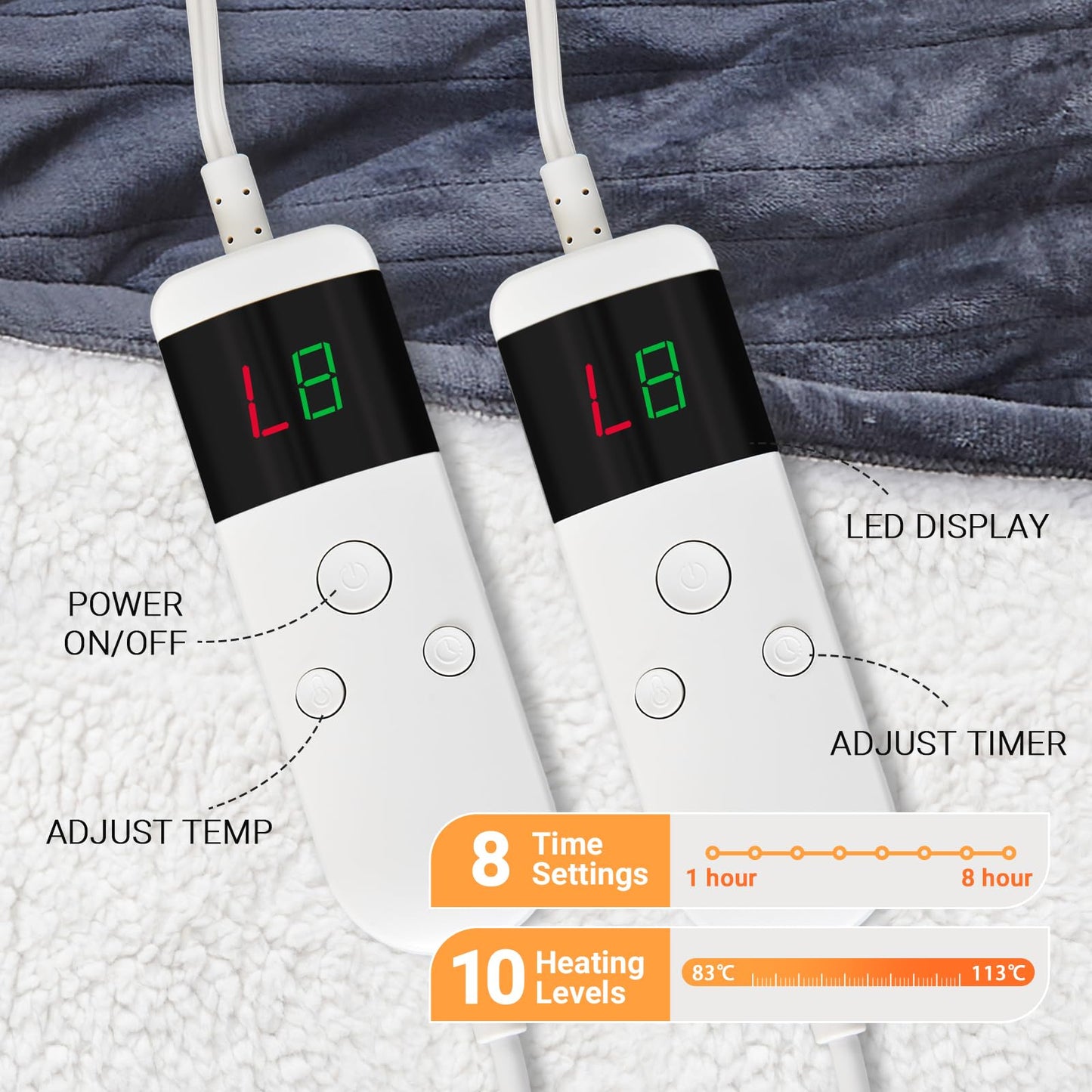 DANENOSA Electric Heated Blanket Queen Size 84''x90'' Soft Flannel & Sherpa Electric Blanket with 10 Heating Levels, Automatically Shut Down After 8h with Overheat Protection Machine Washable