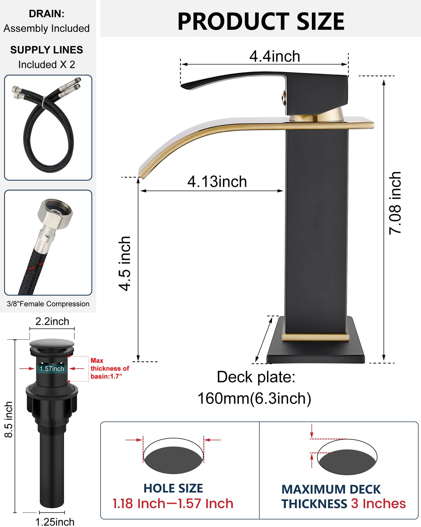 Midanya Bathroom Sink Faucet Single Handle Suitable for 1 or 3 Holes with Deck Plate and Pop-Up Drain,Waterfall Bathroom Faucets for Vanity,Basin,Rv,Lavatory Sink,Brushed Gold Spout/Matte Black