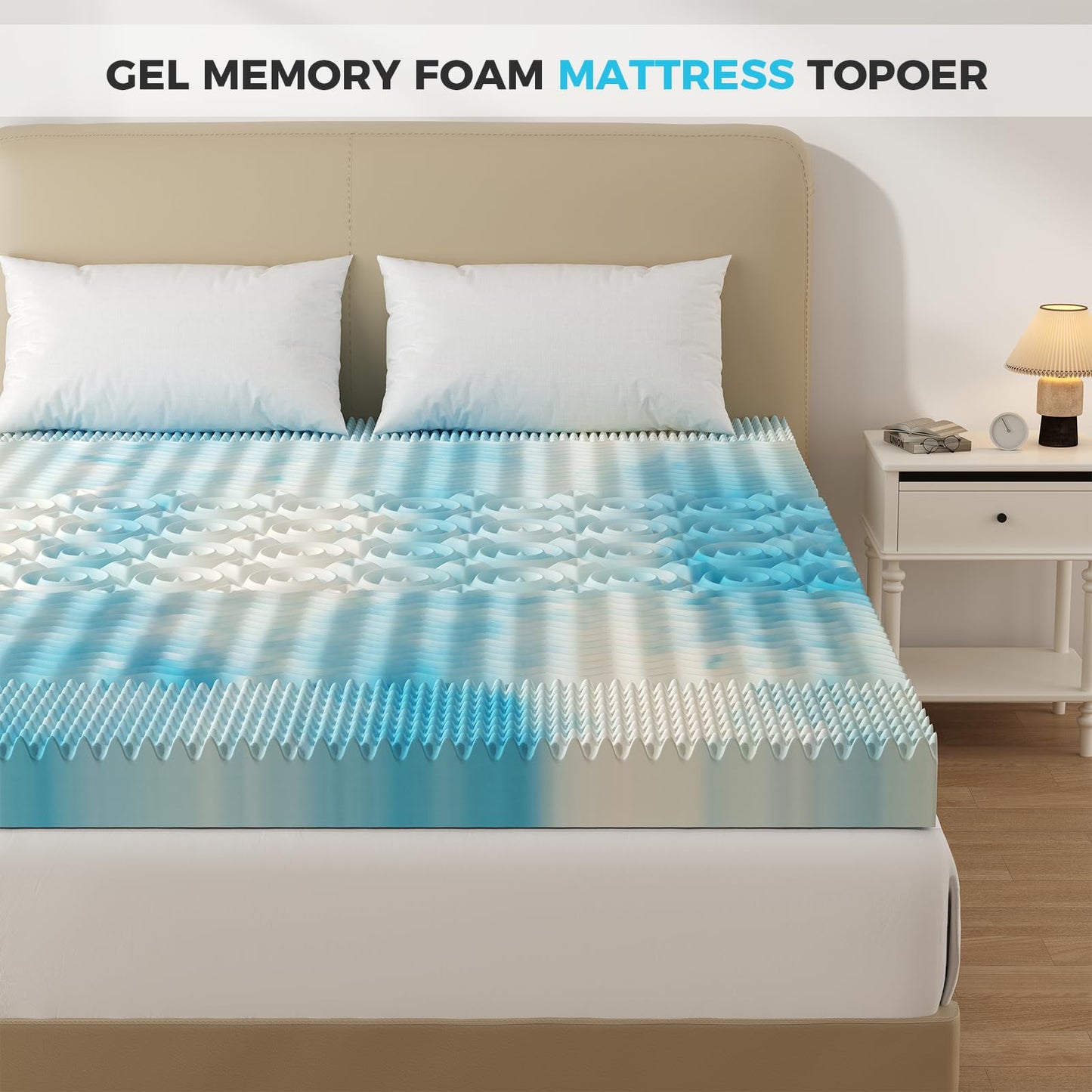 DUMOS 4 Inch Memory Foam Mattress Topper Queen, 5-Zone Cooling Gel Infused Pressure Relief Mattress Pad for Back & Hip Pain, Soft Dorm RV Camping Bed Topper, Blue