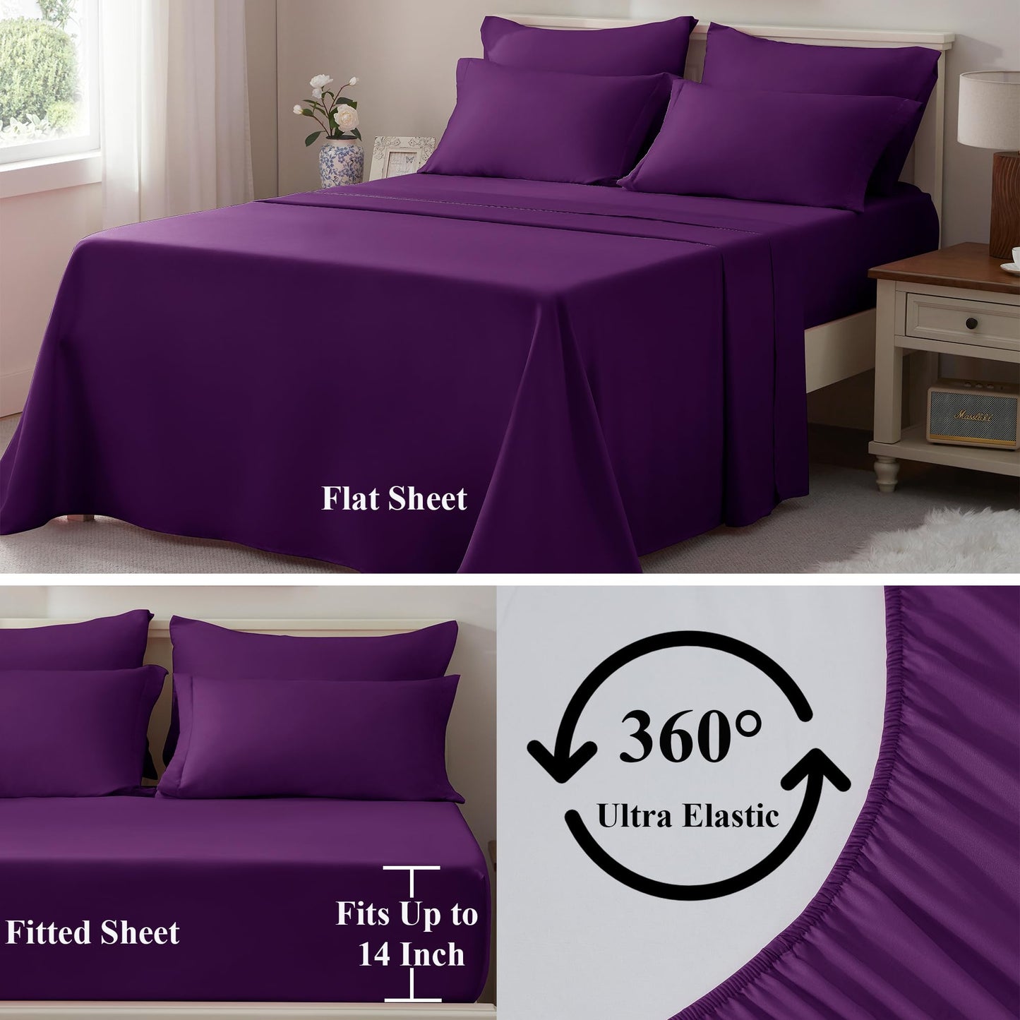 ELNIDO QUEEN® Purple Comforter Set Queen - 7 Pieces Bed in a Bag Queen Size, Bed Set for All Seasons, Ultra Soft Bedding Sets with Comforter, Flat Sheet, Fitted Sheet, Pillowcases and Pillow Shams