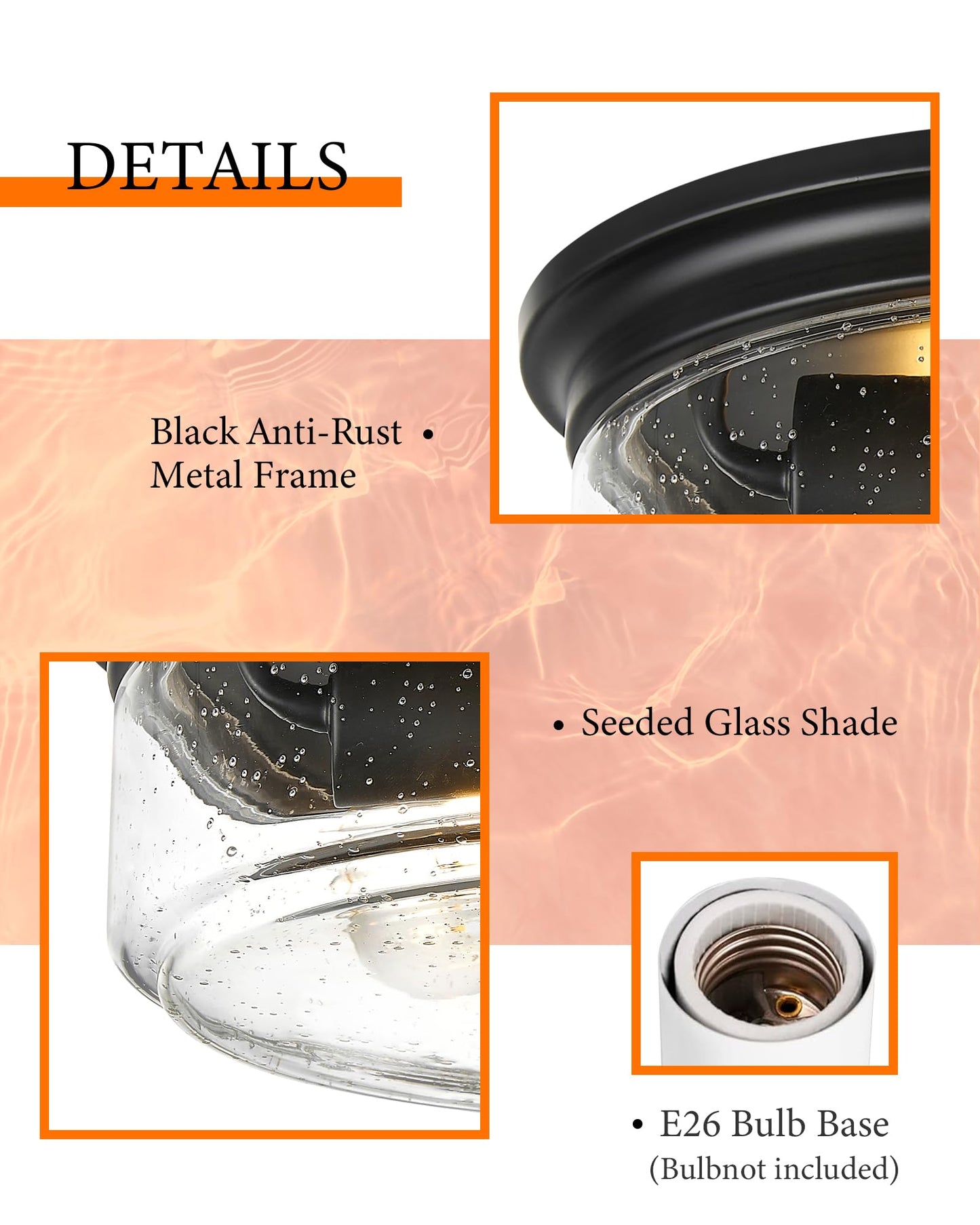 FOITTON Black Flush Mount Ceiling Light, 12 Inch 2-Light Industrial Farmhouse Light Fixture with Seeded Glass Shade for Kitchen, Hallway, Entryway, Bedroom