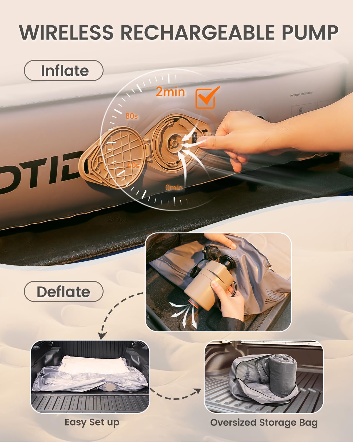GOTIDY Short Truck Bed Air Mattress 5-5.5ft for Mid-Size Pickup with Tailgate Extension, Truck Bed Mattress for Tacoma Jeep Gladiator JT,Wired Air Pump, Oversized Carry Bag, Integrated Pillow