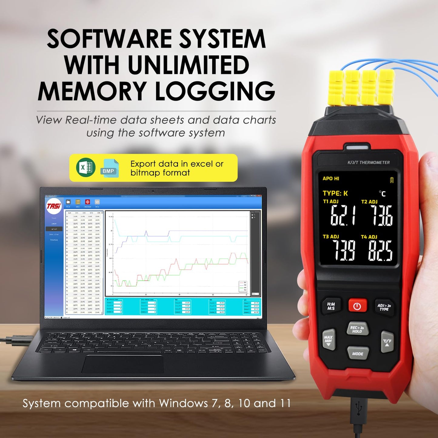 4-Channel Thermocouple Thermometer DataLogger, Digital K/J/T Type Thermometer with 5000 Groups Programmable Temperature Data Logging in Range of -328~2501℉, 4 K-Type thermocouples, ADJ Compensation