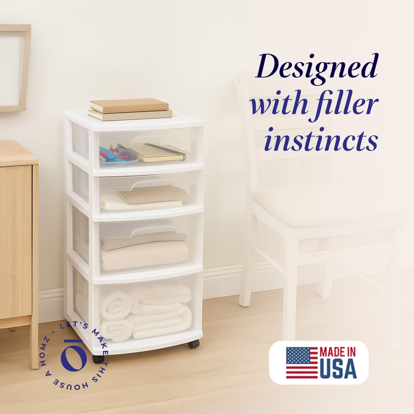 HOMZ Drawer Tower, 4-Tier Clear Plastic Storage Organizer Cart, White Frame - Rolling Drawers with Wheels for Desk, Dresser, Cabinet, Bedroom, Bathroom, Classroom, and Office Organization