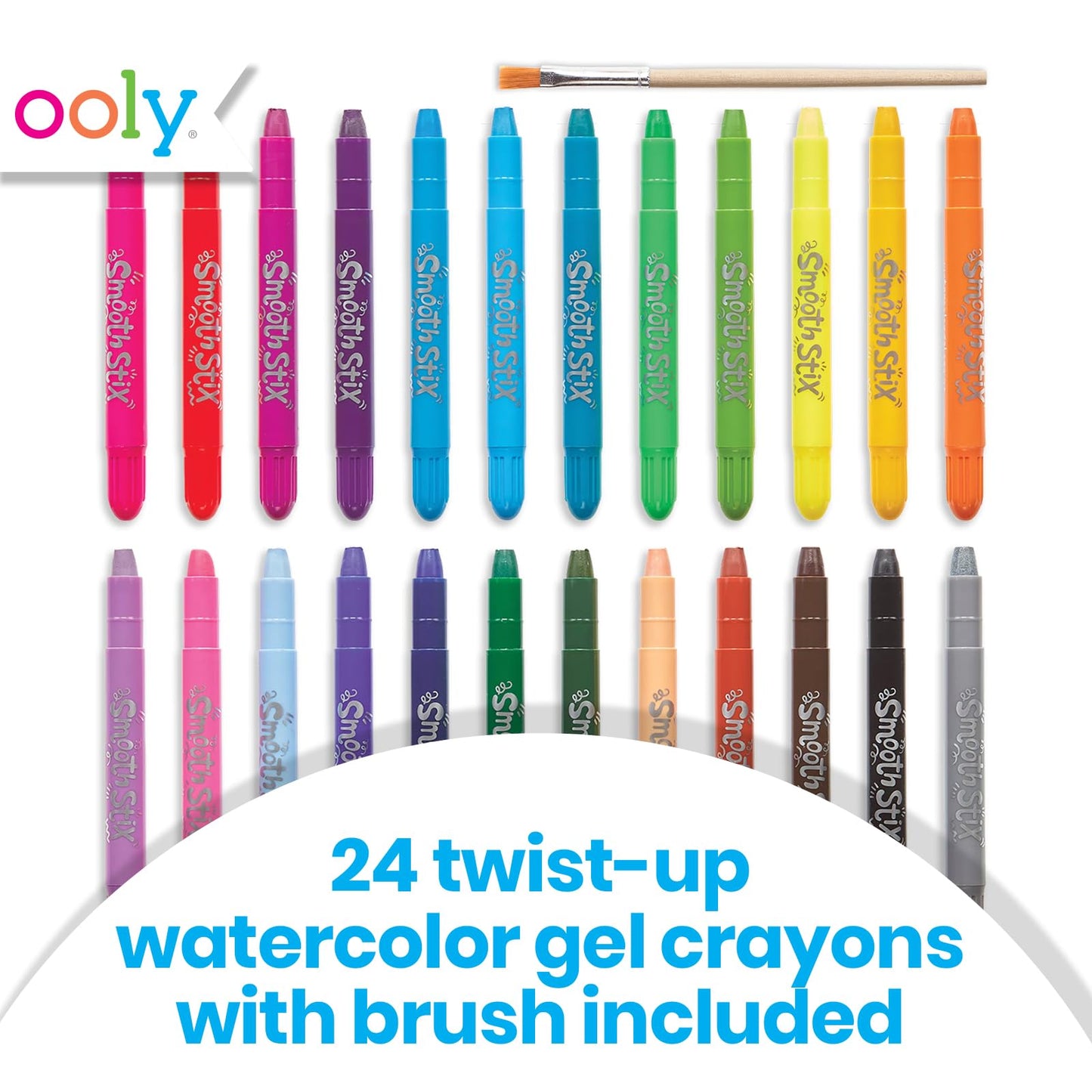 Ooly Smooth Stix Gel Crayons for Kids and Adults with Paint Brush - Set of 24 Watercolor Rainbow Crayons for Glass and Paper with Clear Plastic Crayon Case, Twist-Up Gel Crayon Set, Back to School