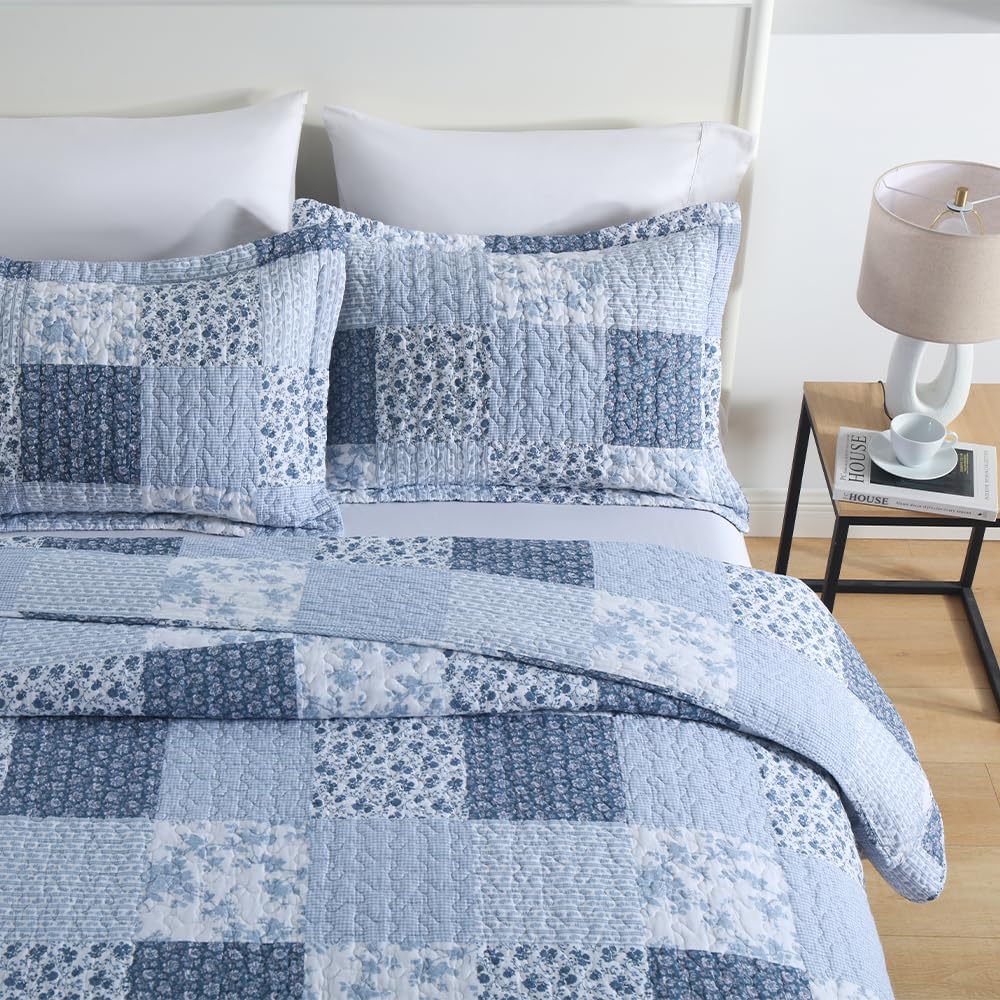 ENASAL Cotton Bedspread Quilt Bedding Sets Reversible Coverlet Sets Comforters Rustic Floral White Blue Patchwork Pattern Bedspread for All Season, King Size