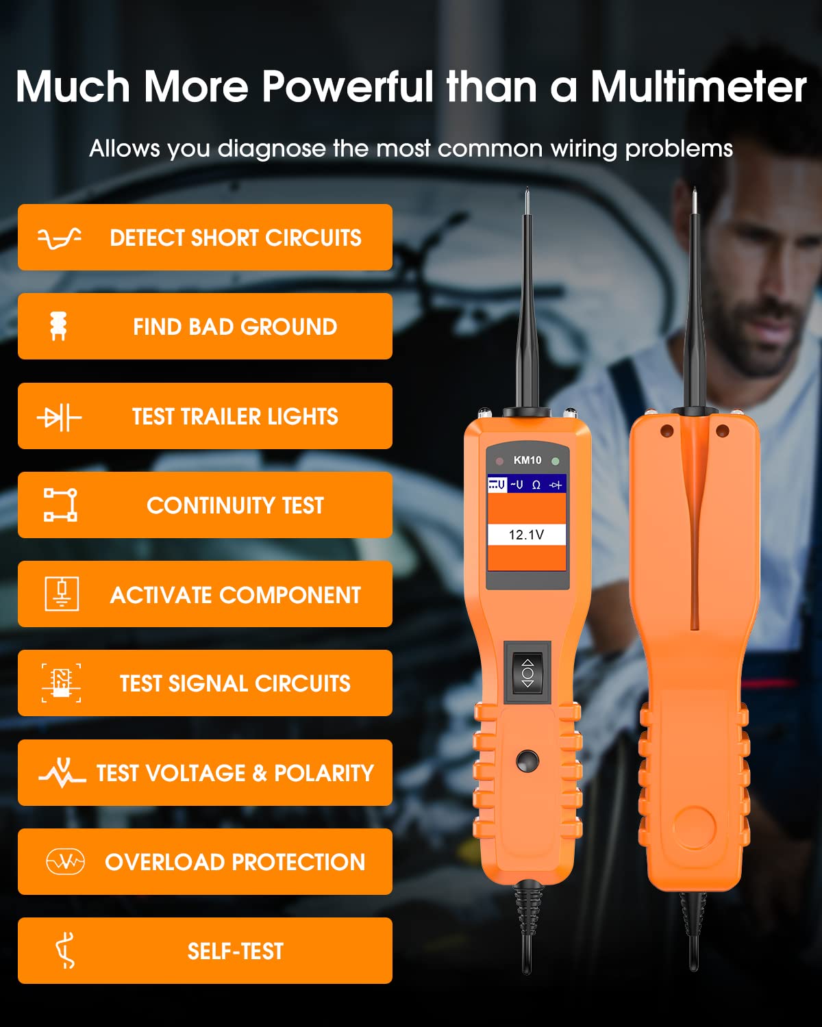 KZYEE KM10 Power Circuit Probe Kit, 12V 24V Circuit Breaker Finder, Digital Voltage Tester, AC DC Diode Resistance, Current Probe, Automotive Electrical Activate Component Tool, 20FT+20FT Cable