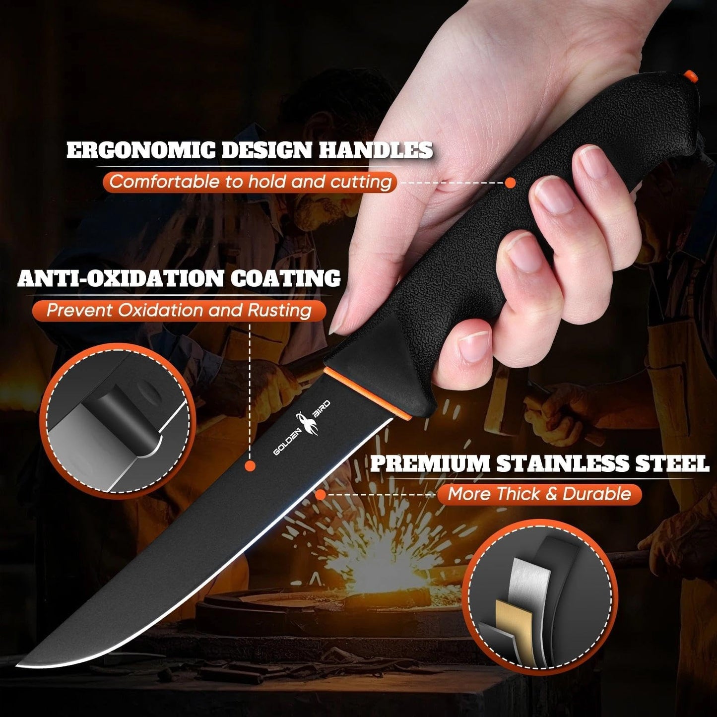 Golden Bird Butcher Knife Set - Non-slip Skinning Knife Set with Roll Bag, Professional Game Processing Knives Sets - Butcher & Skinning Boning Knives with German Stainless Steel, Gift for Men