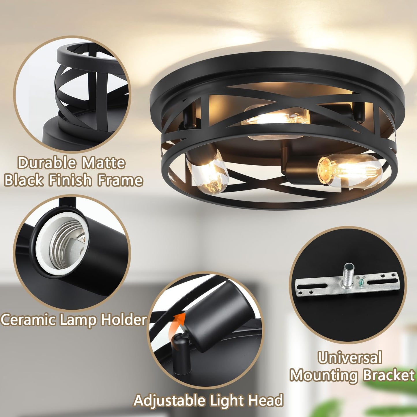 13-Inch Farmhouse Ceiling Light Fixtures 2-Pack, 3-Light Black Flush Mount Ceiling Light, Kitchen Lighting Fixtures Ceiling with Adjustable Head, Ceiling Lights for Hallway Kitchen Entryway, E26 Base