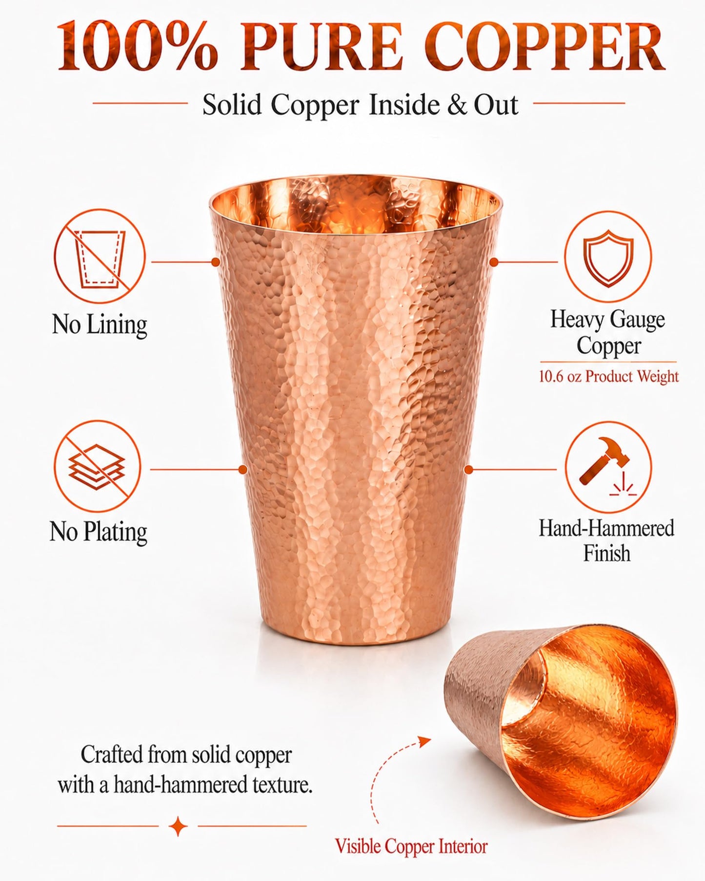 CigeZaus 18.5 Ounce Pure Copper Cups for Drinking, 100% Copper Heavy Tumbler for Decorations, Hammered