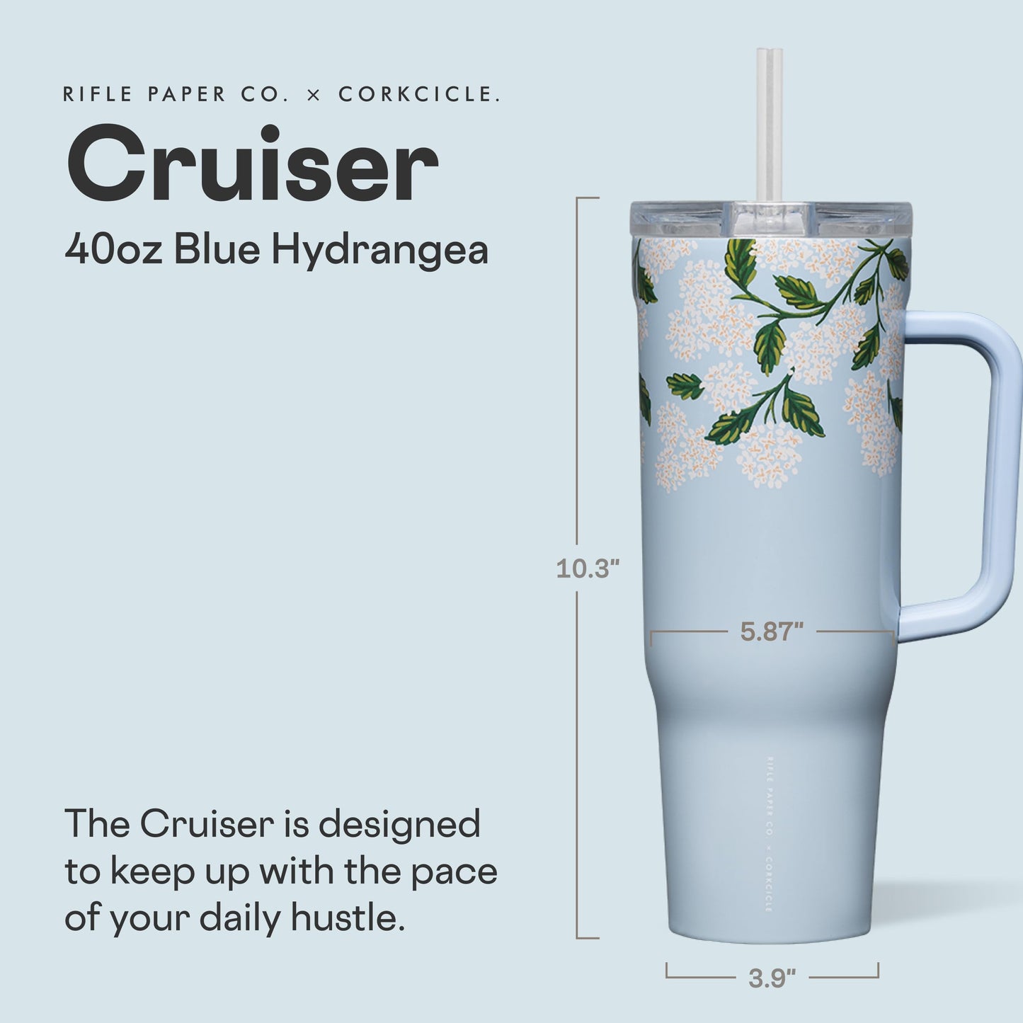 Corkcicle x Rifle Paper Co. Cruiser Insulated Tumbler with Handle & Straw - Keeps Drinks Cold 20 Hours - BPA-Free - 40 oz - Gift for Mom - Great for Mother's Day or Christmas - Gloss Blue Hydrangea
