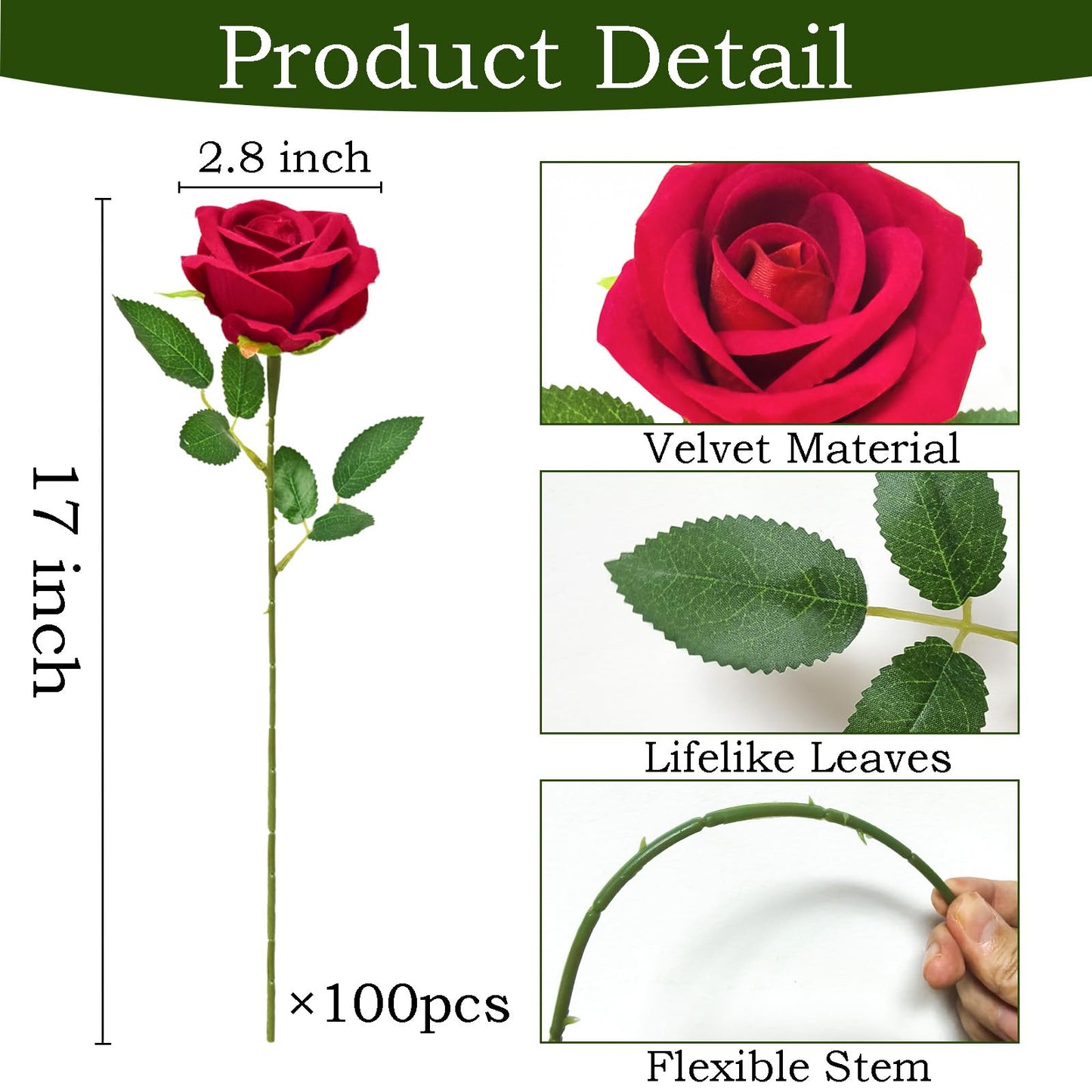 100 Pcs Fake Roses Bulk Red Artificial Flowers, Artificial Velvet Silk Roses Bouquet with Stems for Wedding Decoration, Fake Flowers in Vase Valentines Day Floral Arrangement Home Decor Centerpiece