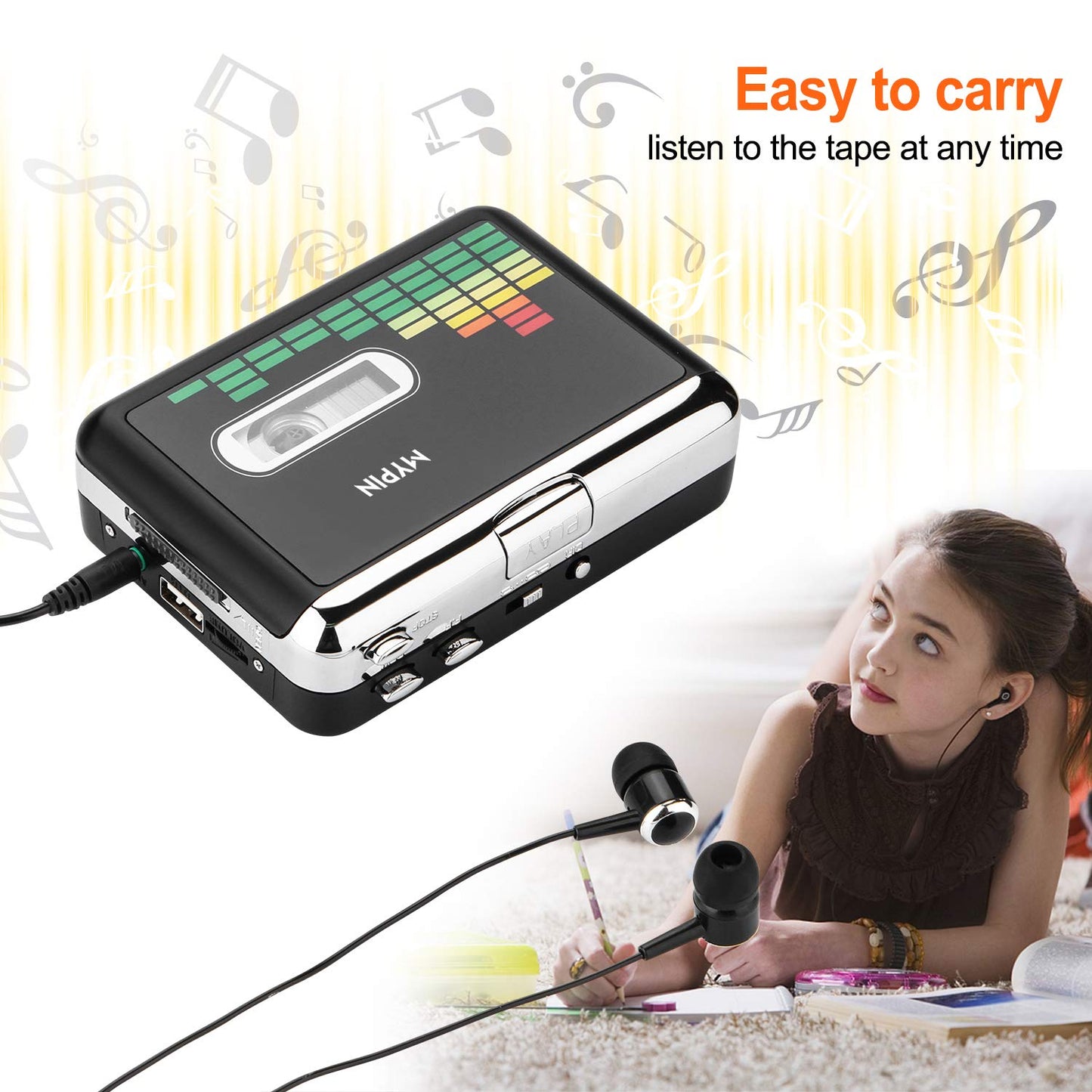USB Cassette to MP3 Converter, Portable Walkman Cassette Audio Music Player Tape-to-MP3 Converter with Earphones, Volume Control, Auto Reverse, No PC Required