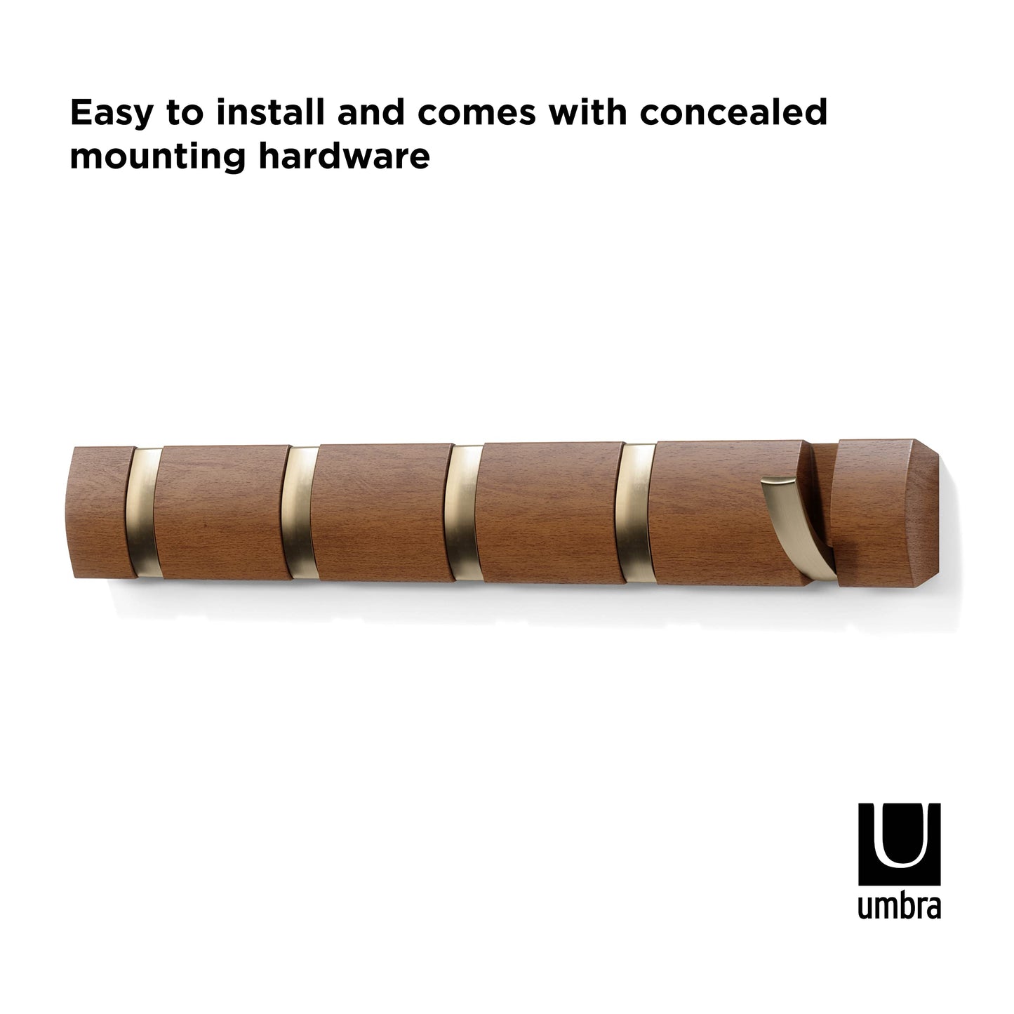 Umbra Flip Wall-Mounted Coat Rack with 5 Hooks – Modern, Space-Saving Storage for Hats, Jackets, Bags, Entryway, Mudroom, Closet, Bathroom, Bedroom – Light Walnut/Gold