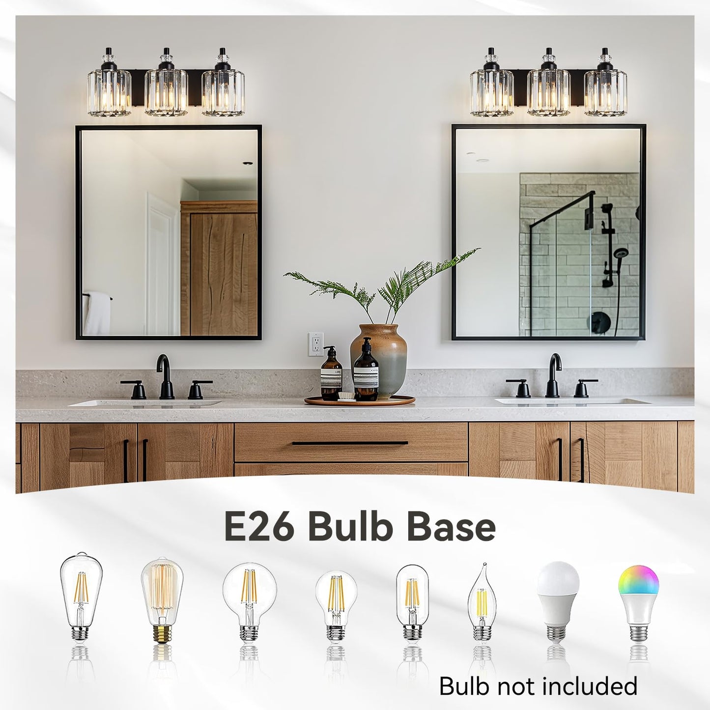 Zqoyn 3-Light Black Bathroom Light Fixtures Over Mirror Modern Vanity Lights Crystal Wall Sconce Vintage Bathroom Lighting with Crystal Shade E26 Base for Bedroom, Living Room, Hallway