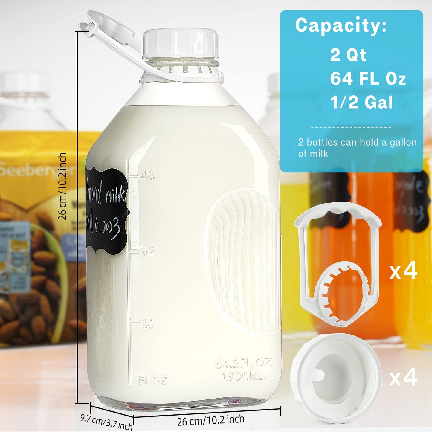 1/2 Gal Glass Milk Bottle with Airtight Screw Lid - Glass Pitchers with 8 Handle and 8 Lids, 64 Oz Heavy Duty Glass Milk Jug Pitcher with 2 Exact Scale Lines for Juicing Water Bottles