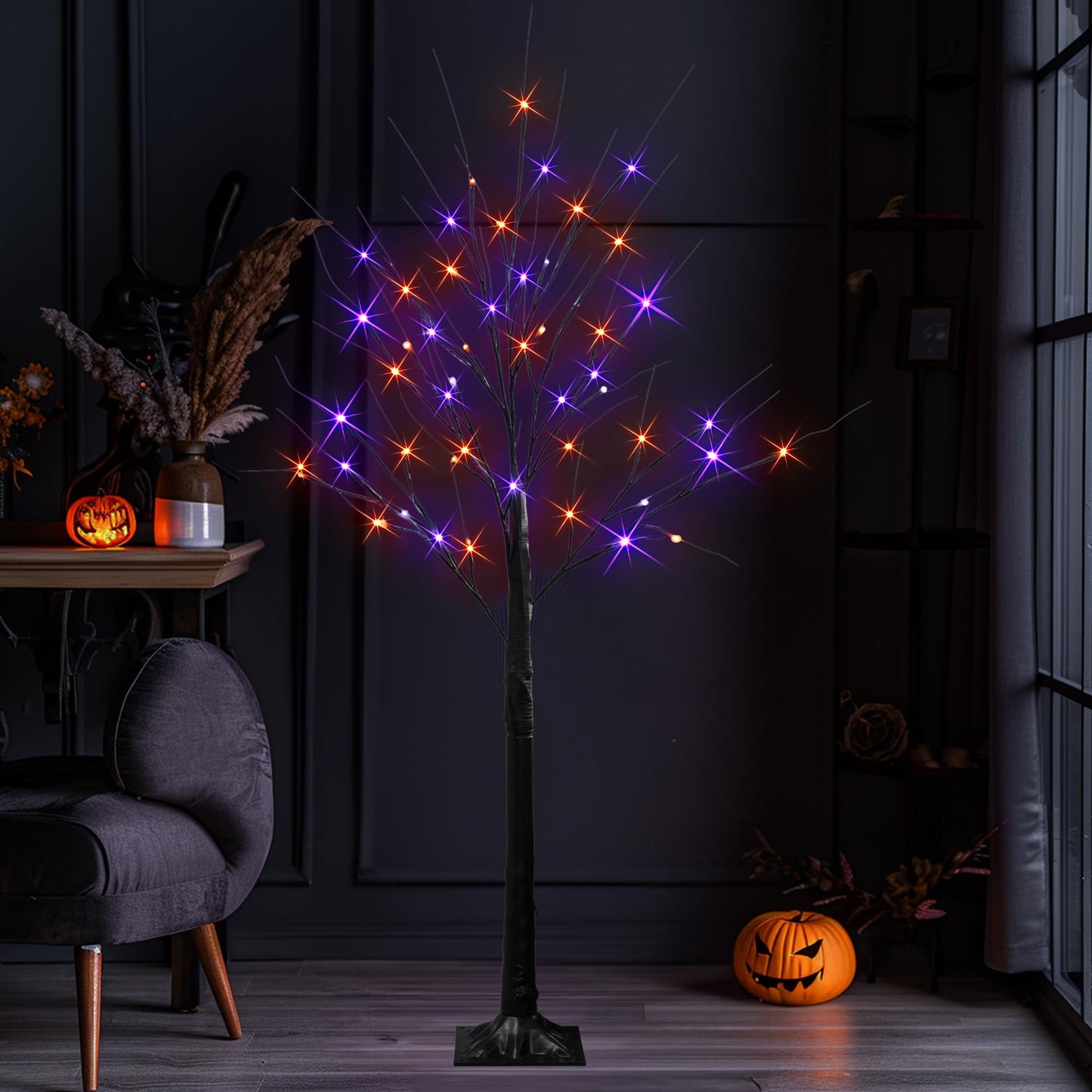 Dazzle Bright 2 Pack 4FT Halloween Lighted Up Birch Tree, Total 96 LED Purple and Orange Fairy Lights with Timer, Waterproof for Indoor Outdoor Home Party Halloween Decoration