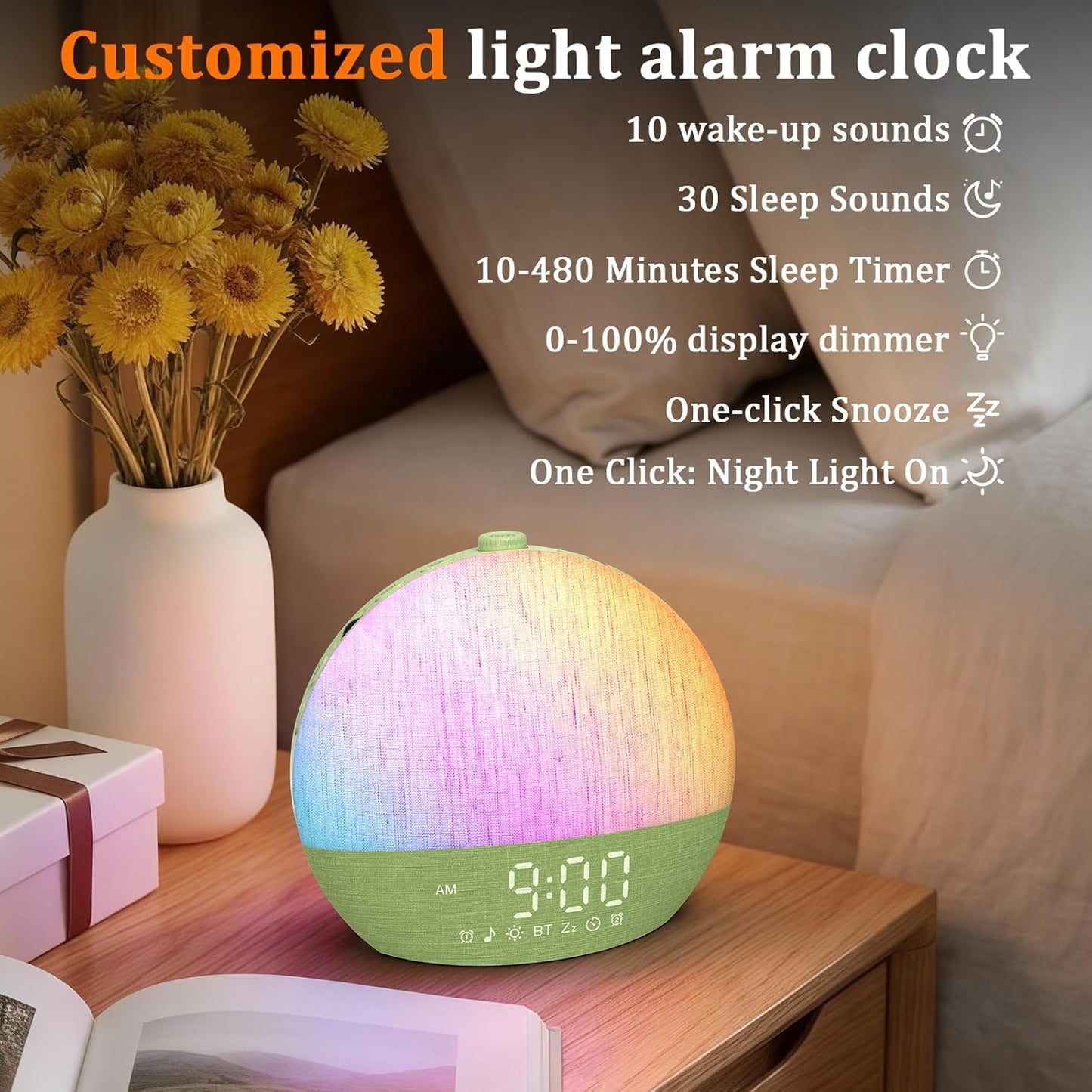 Calm & Gradual Sunrise Alarm Clock: 30‑Min Slow‑Rise Natural Wake Up Light - 20‑Level Dimmable Clock for Heavy Sleepers - Ease of Use Sunrise Simulation with 30 Sleep Sounds White Noise Machine