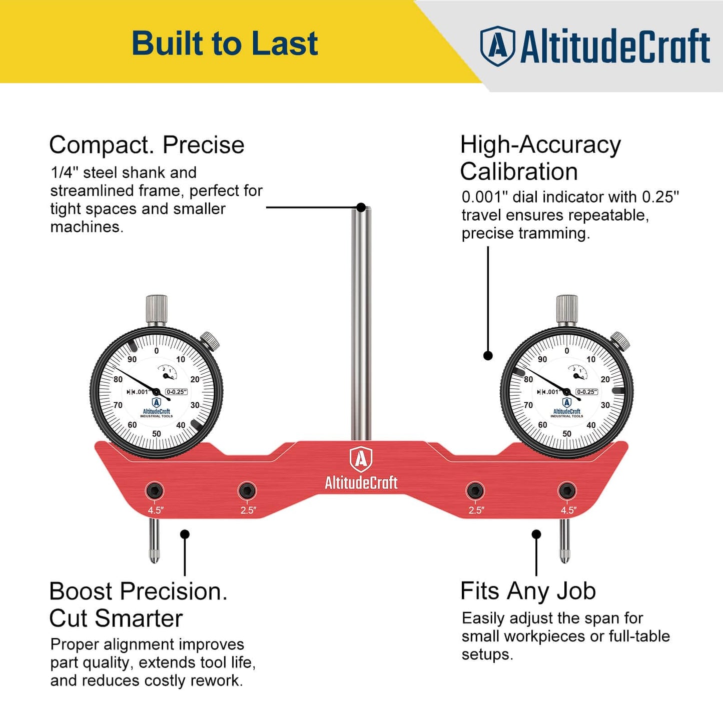AltitudeCraft Precise Mill and Lathe Tramming System Tool, Machine Calibration for CNC Router and Mini Mill, 0.001” Dual Dial Indicators, 1/4" Shank