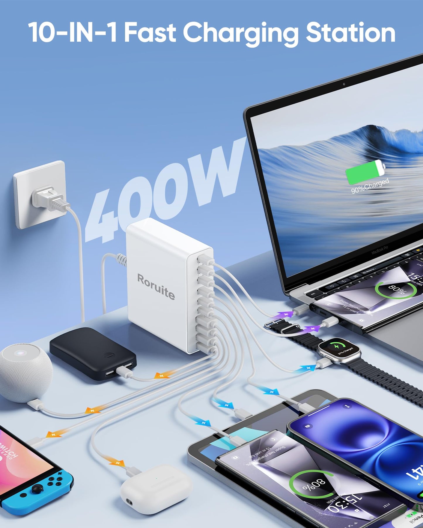 400W Charging Station for Multiple Devices, 10-Port GaN USB C Charger Block, Dual 65W Laptop Fast Charger Multiport USB Charging Station for MacBook, iPhone, Samsung, Galaxy, iPad, Android, White