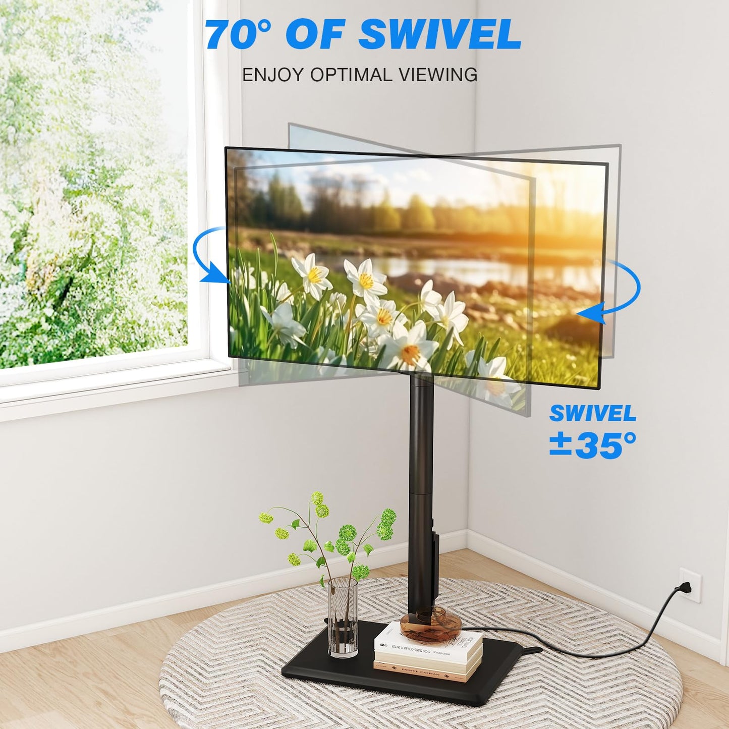Rfiver Swivel Floor TV Stand with Power Outlet for 32-65 inch TVs, Height Adjustable Tall TV Stand with Wood Base, Hold Up to 88lbs, Saving Space Design for Bedroom, Living Room and Corner