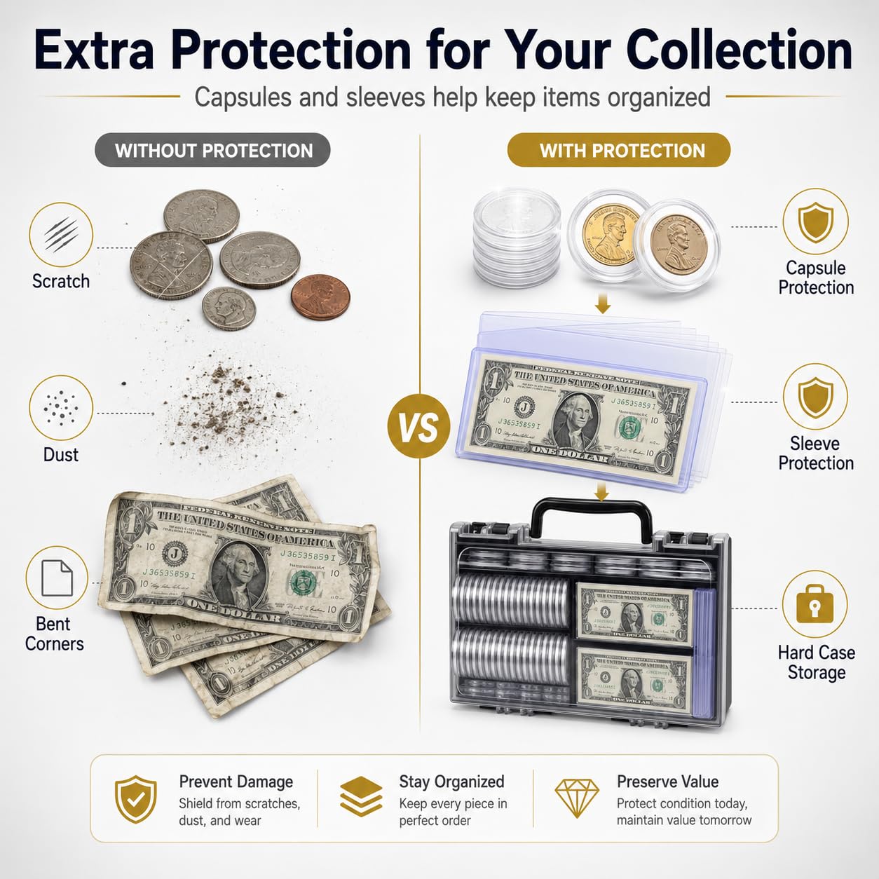 FULLCASE Coins Collector Case Holder Coin Capsules 46mm with 6 Sizes Foam Gasket (141 Pcs), Hard Paper Currency Sleeves (20 Pcs), Soft Dollar Bill Sleeves (200 Pcs) Storage Organizer Box (Black)