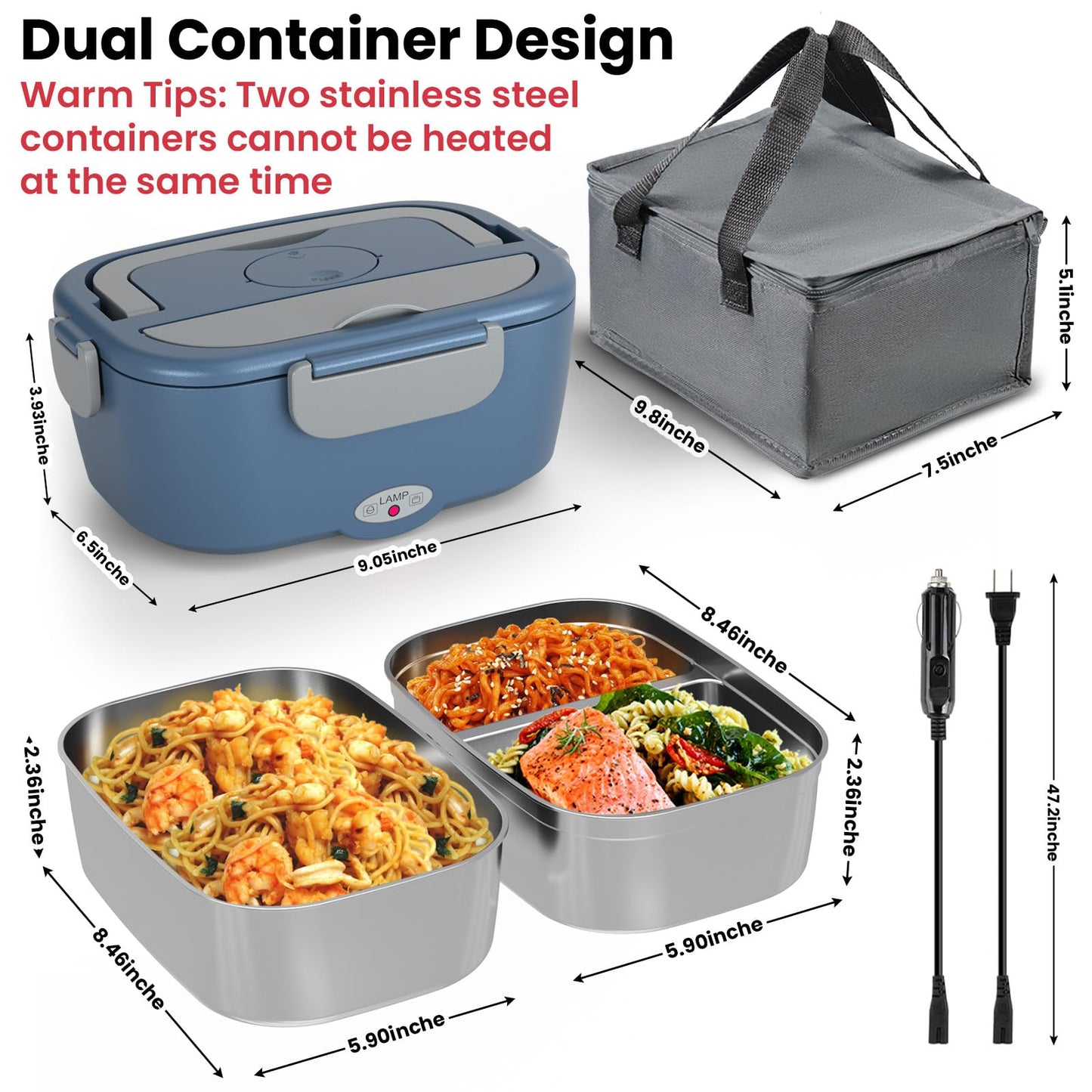 Sitlais Electric Lunch Box for Adults - Fast Heating Portable Food Warmer with 2 of 53oz 304 Stainless Steel Containers 12V/24V/110V Heated Lunch Box for Men&Women Work Office Truck Travel lonchera