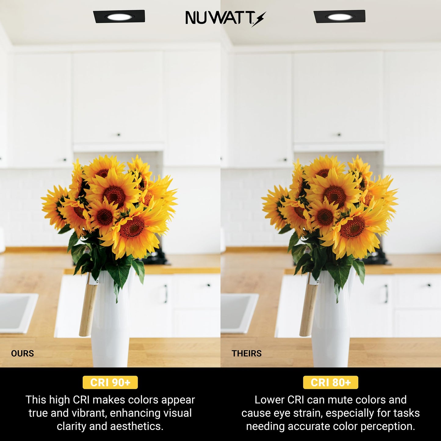NUWATT 3 Inch LED Gimbal Recessed Lights Black Square, 5CCT 2700K/3000K/3500K/4000K/5000K Selectable 8W, 600 Lumens, IC Rated, Wet Rated, 120V, Dimmable, Canless Adjustable Recessed Lighting, 4 Pack