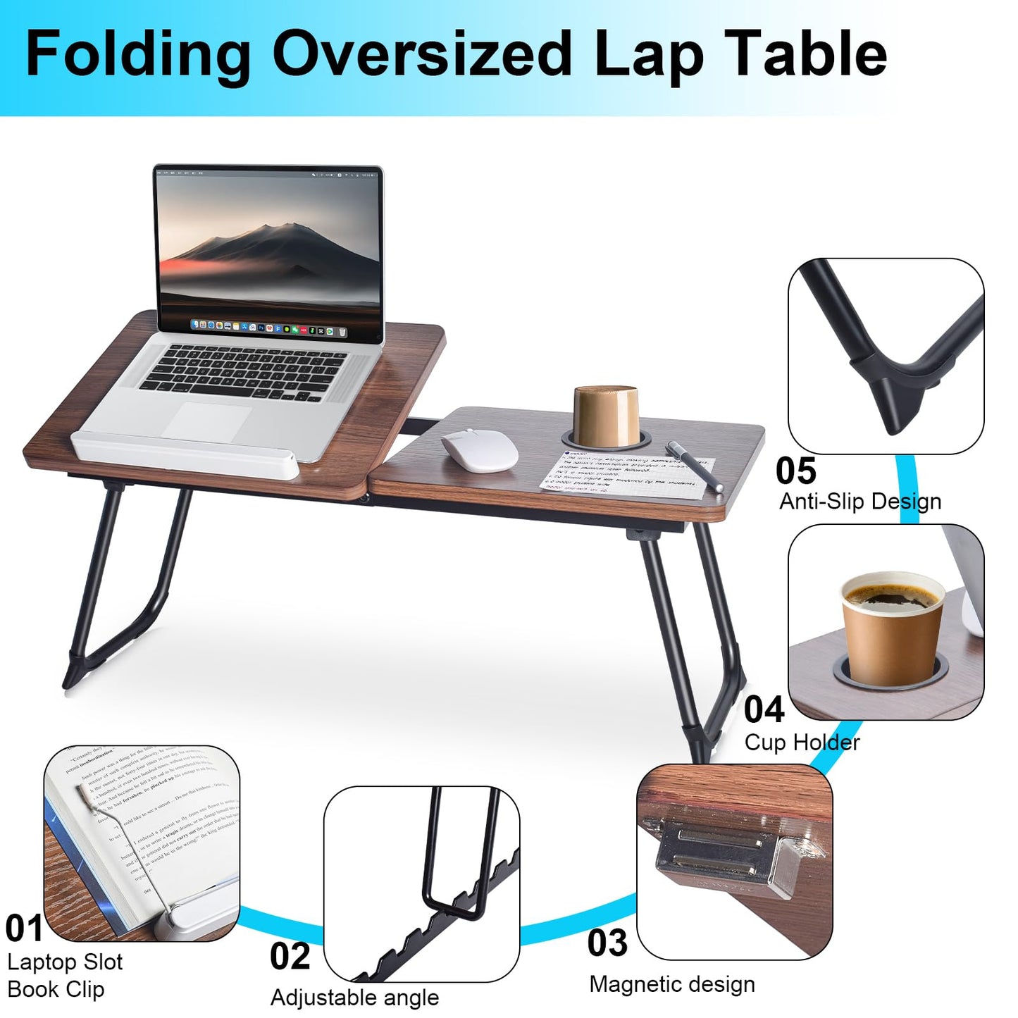 28.6" Foldable & Adjustable Laptop Bed Tray Table - Extra Large Portable Lap Desk with Phone Holder & Cup Holder, Lightweight & Sturdy for Working, Eating, Reading, Writing in Bed, Couch, Floor