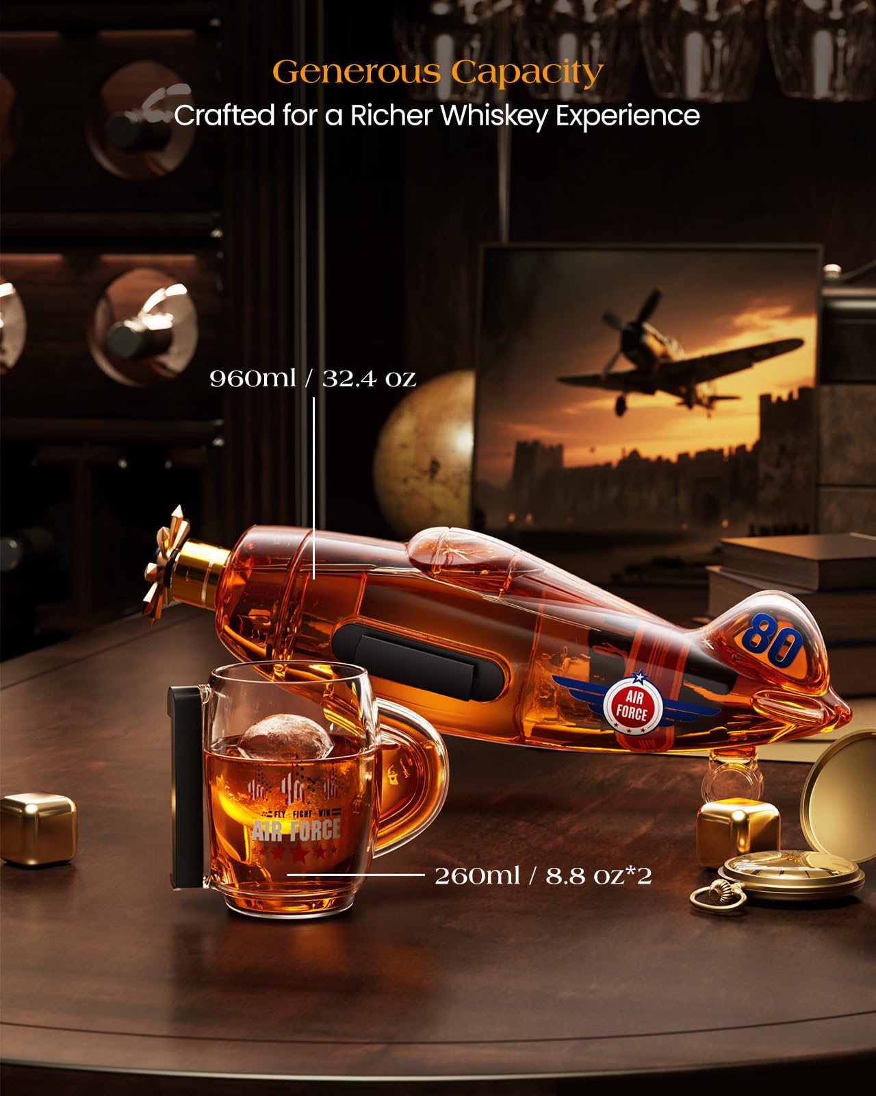 Gifts for Men Dad, Kollea Fighter Aircraft Whiskey Decanter Set with 2 Detachable Glasses, Gag Birthday Gift Ideas for Father, Husband, Boyfriend, Brother, Air Force Fans & Military Lover, Anniversary