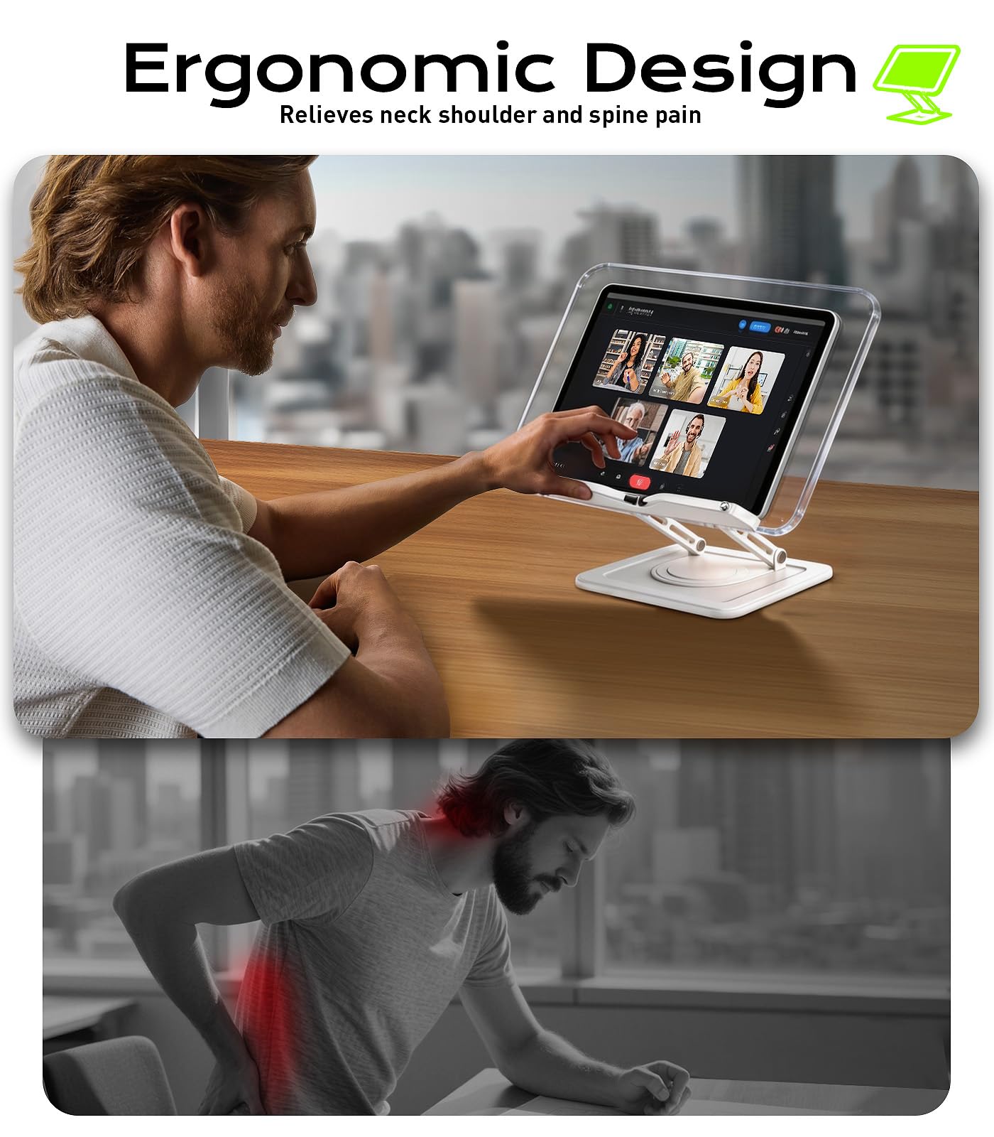 Book Stand for Reading, Adjustable Book Holder with 360°Rotating Bases, Ergonomic Cookbook Stand Recipe Book Holder with Elastic Page Clips for Magazines, Tablets, Laptops,Acrylic White