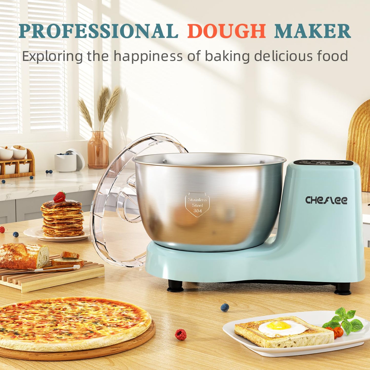 CHeflee Electric Dough Maker 250W,5.5 QT Smart Kneading and Fermenting Mixer Machine,Adjustable Time, 304 Stainless Steel Bowl,Blue