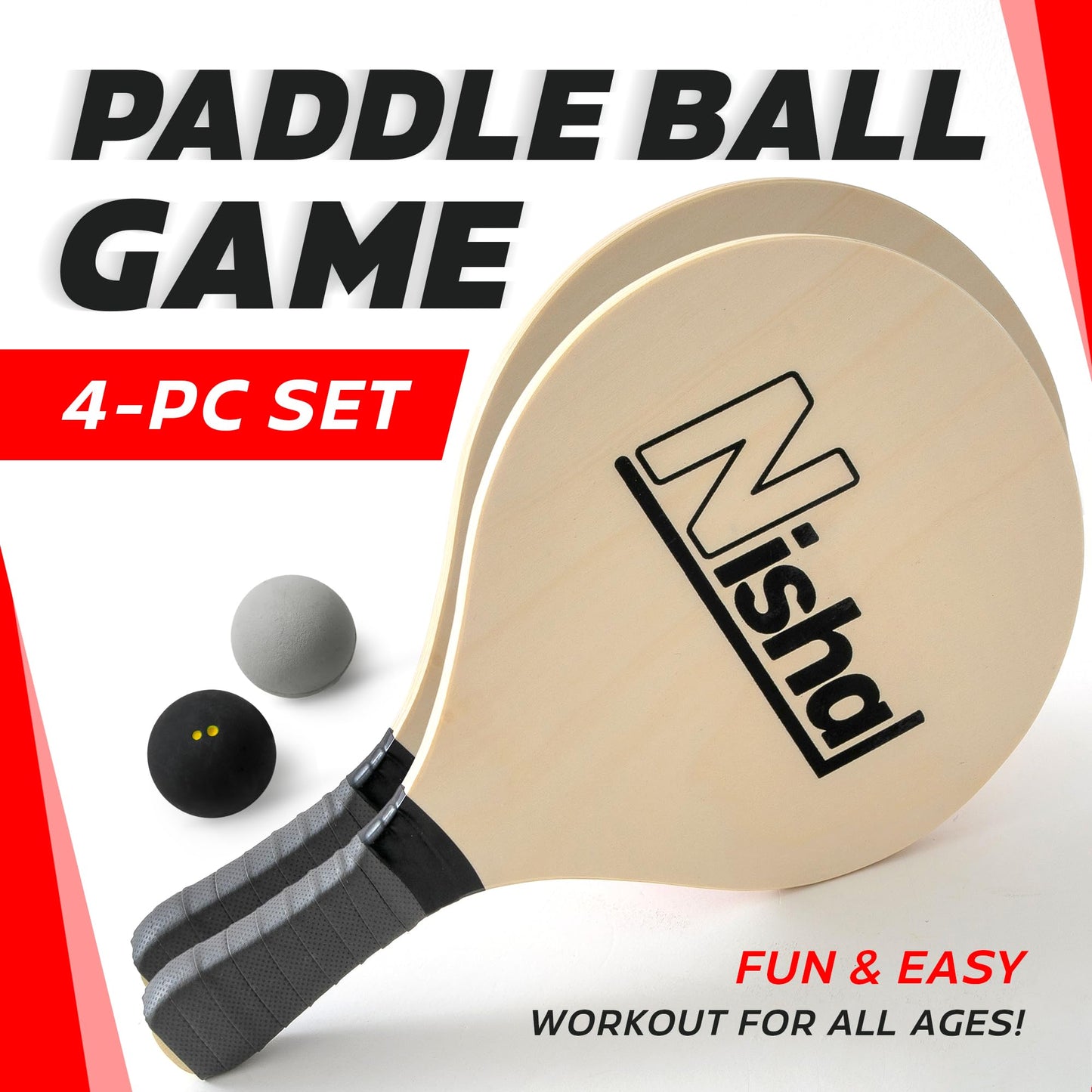 Nisha - Paddle Ball Set, Complete Set with 2 Pro Balls, 2 Rackets and Paddle Grips, Interactive Indoor, Outdoor and Beach Game, Comes in a Durable Plastic Case