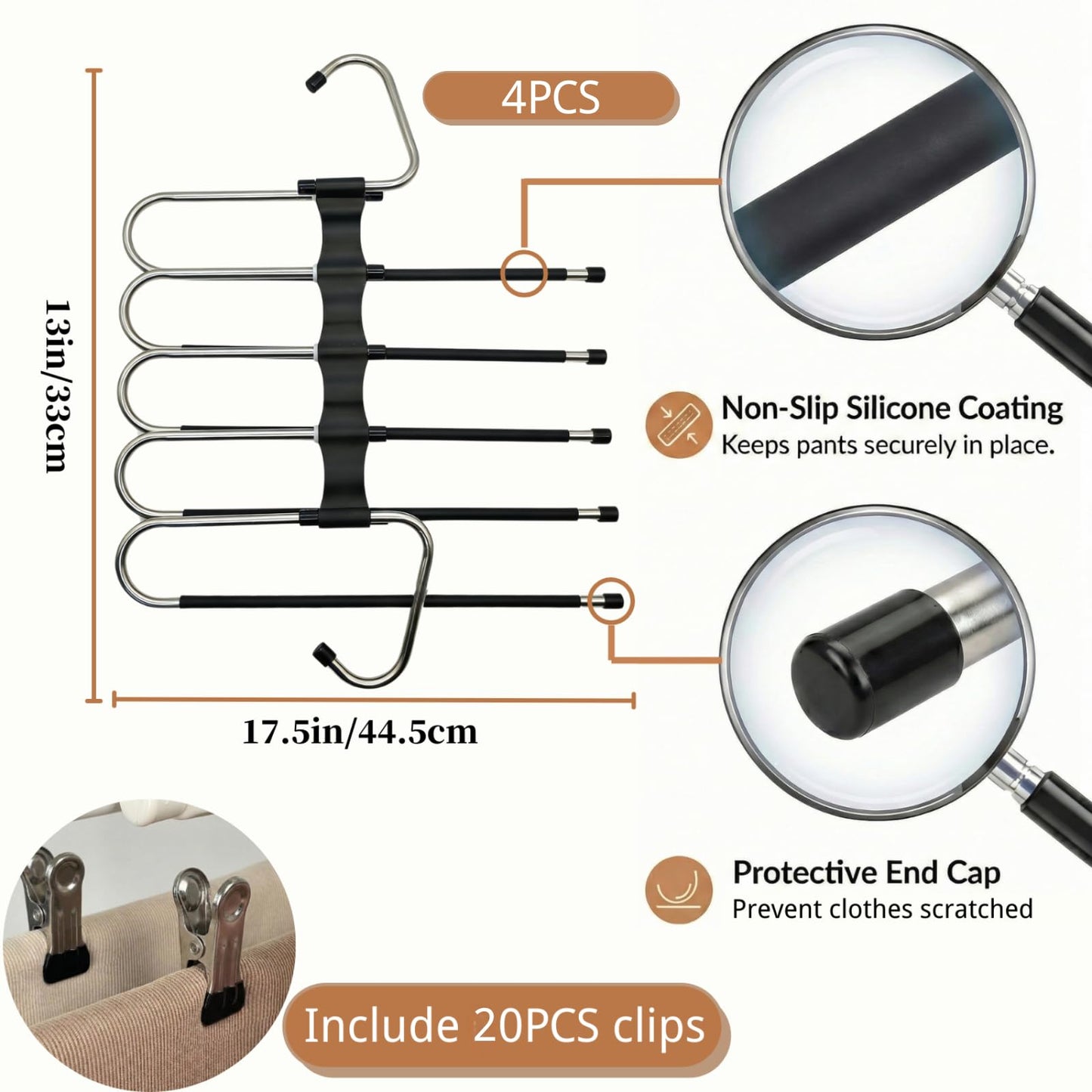 Pants Hangers Space Saving, 5 Tier Jeans Hanger for Closet, Black Multiple Heavy Duty Stainless Steel Pant Rack for Trousers, Legging with 20 Clips (4 Pack)