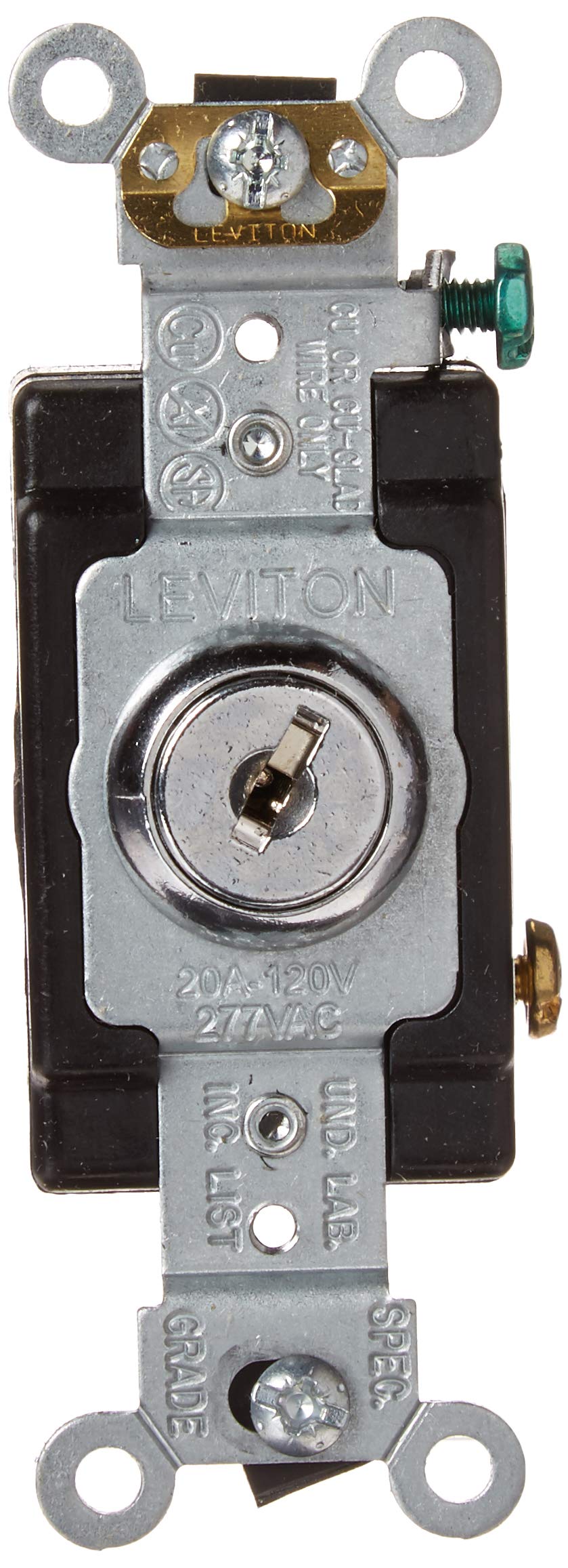 Leviton 1221-2KL 20 Amp, 120/277 Volt, Key Locking, Single-Pole, AC Quiet Switch, Extra Heavy Duty Spec Grade, Self Grounding, Chrome