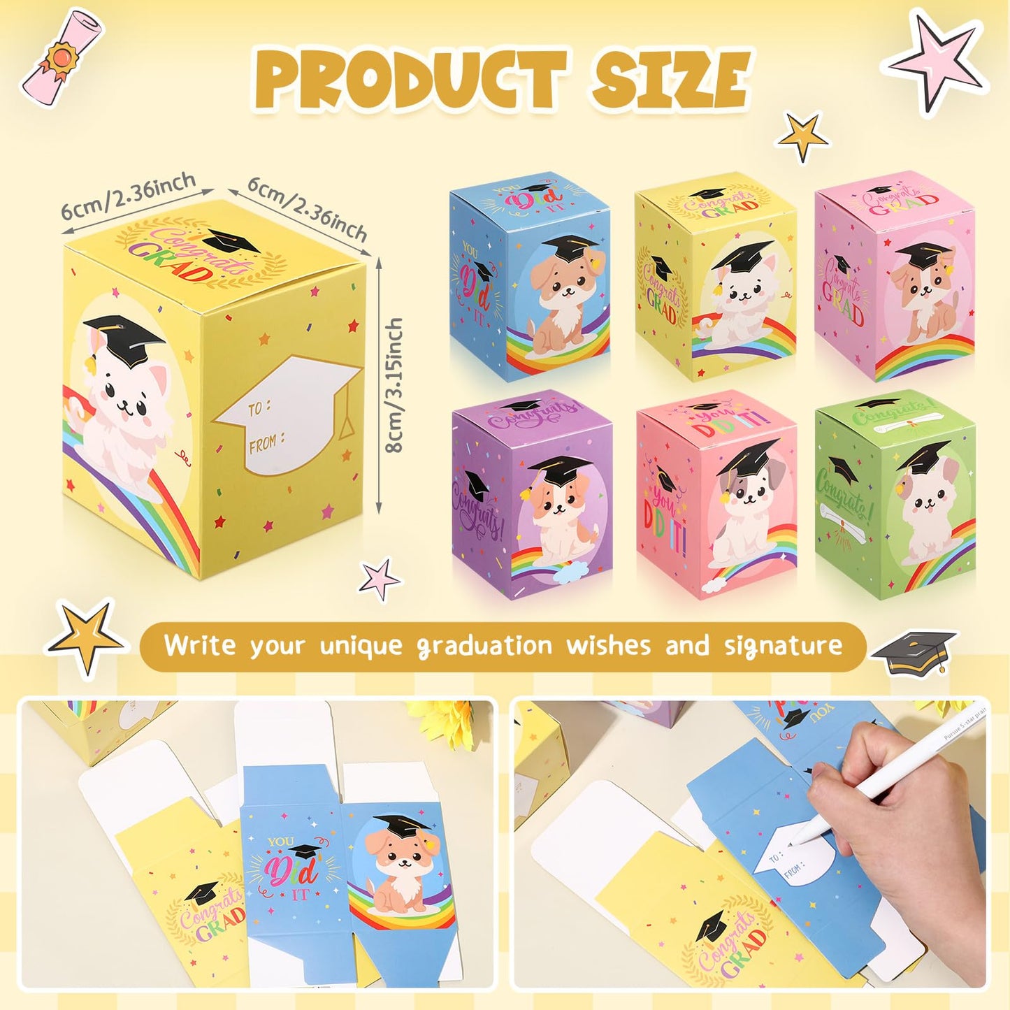 Trnayi 24 Set Mini Graduation Plush Dog with Graduation Gifts Box Graduation Stuffed Animal Keychain with Cap Gift Set for 2025 Graduation Party Graduation Decoration Classroom Exchange Gift