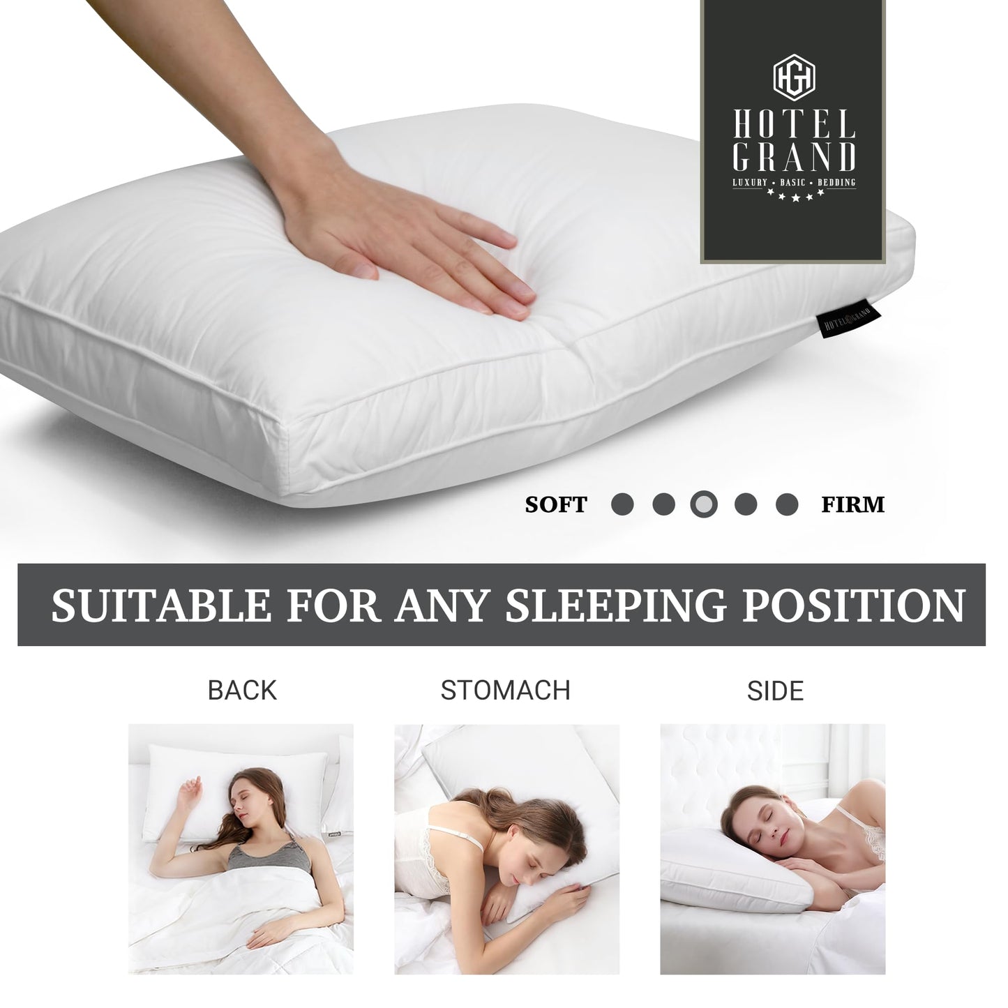 Hotel Grand Goose Feather and Down Fiber Bed Pillows Queen Size Set of 2, Firm Gusseted Pillows with 100% Cotton Cover, Softy-Around Hotel Collection Pillows for Side and Back Sleepers, White