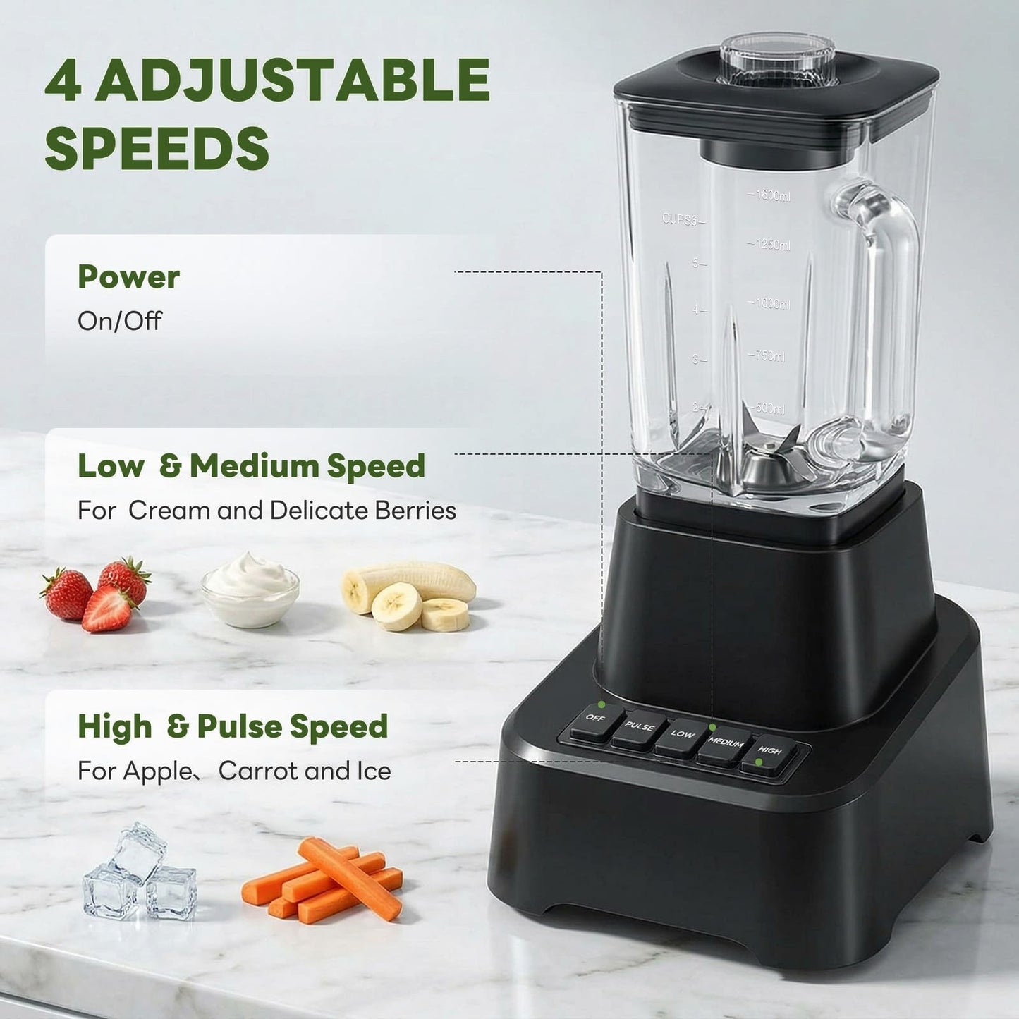 OLIXIS Professional Blender for Smoothies, Full-Size Kitchen Blender with 850 Peak Watts & 54oz Large Glass Pitcher, 4 Speeds with Pulse for Ice Crushing Frozen Fruits, Dishwasher Safe, Black
